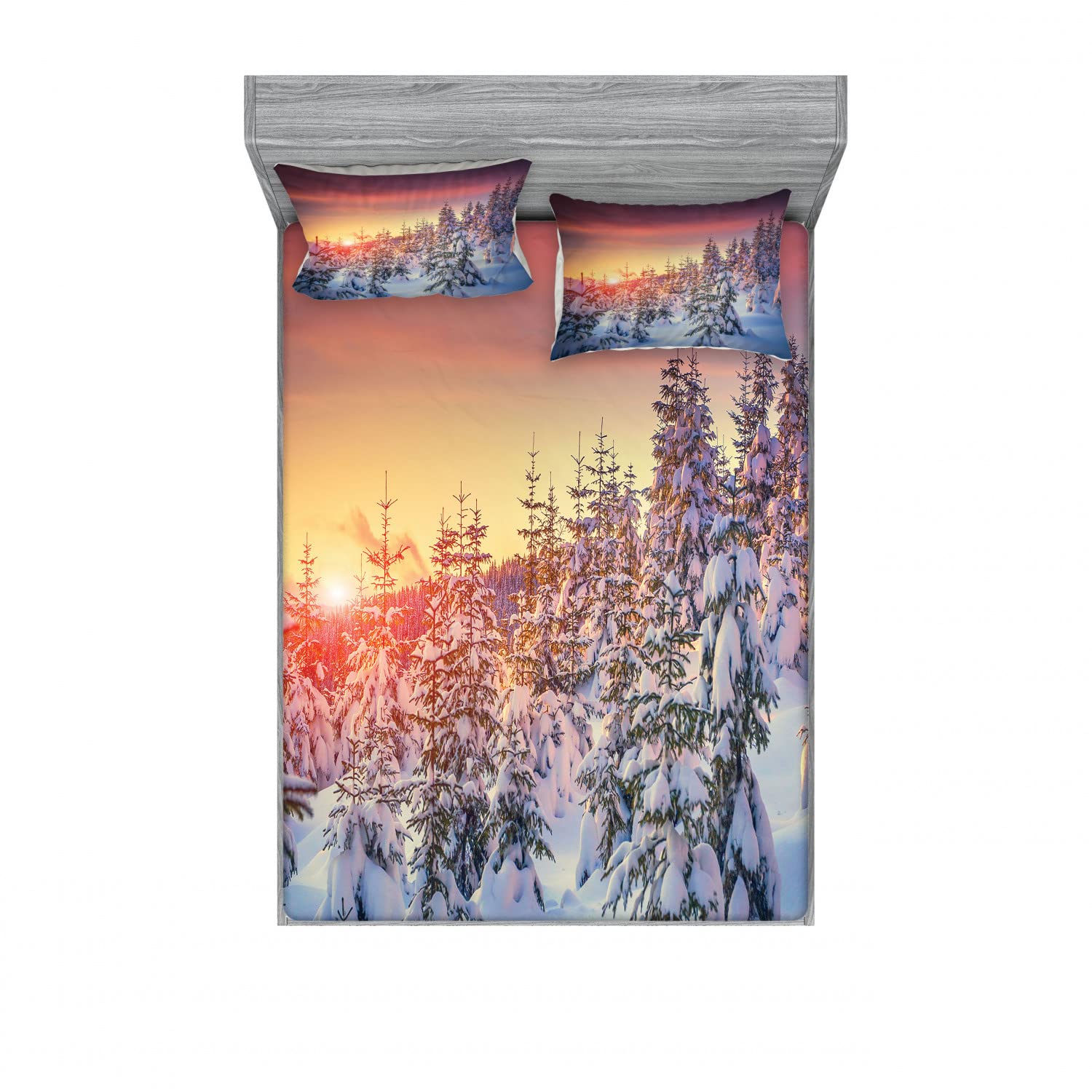 Ambesonne 2-Pack Queen Size Fitted Sheet Set with 4 Pillow Shams - Winter Forest Sunrise Pattern Bedding in White & Red | Cozy Bedroom Decor for Winter Season & Holiday Home Styling