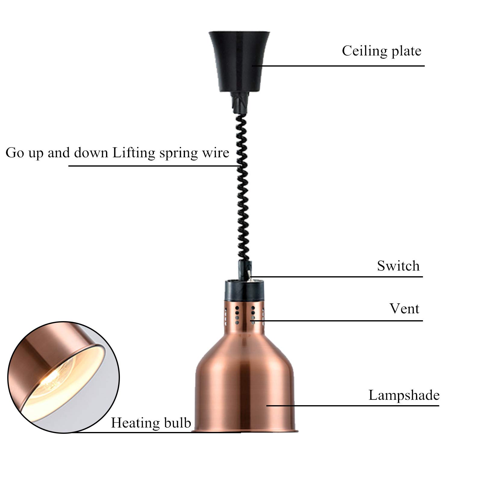 JIAWANSHUN 190mm Commercial Food Warmer Lamp with 250W Bulb - Retractable Heat Lamp for Restaurants, Catering & Home Use - 110V Food Warmer for Buffets, Bakeries & Food Service Stations