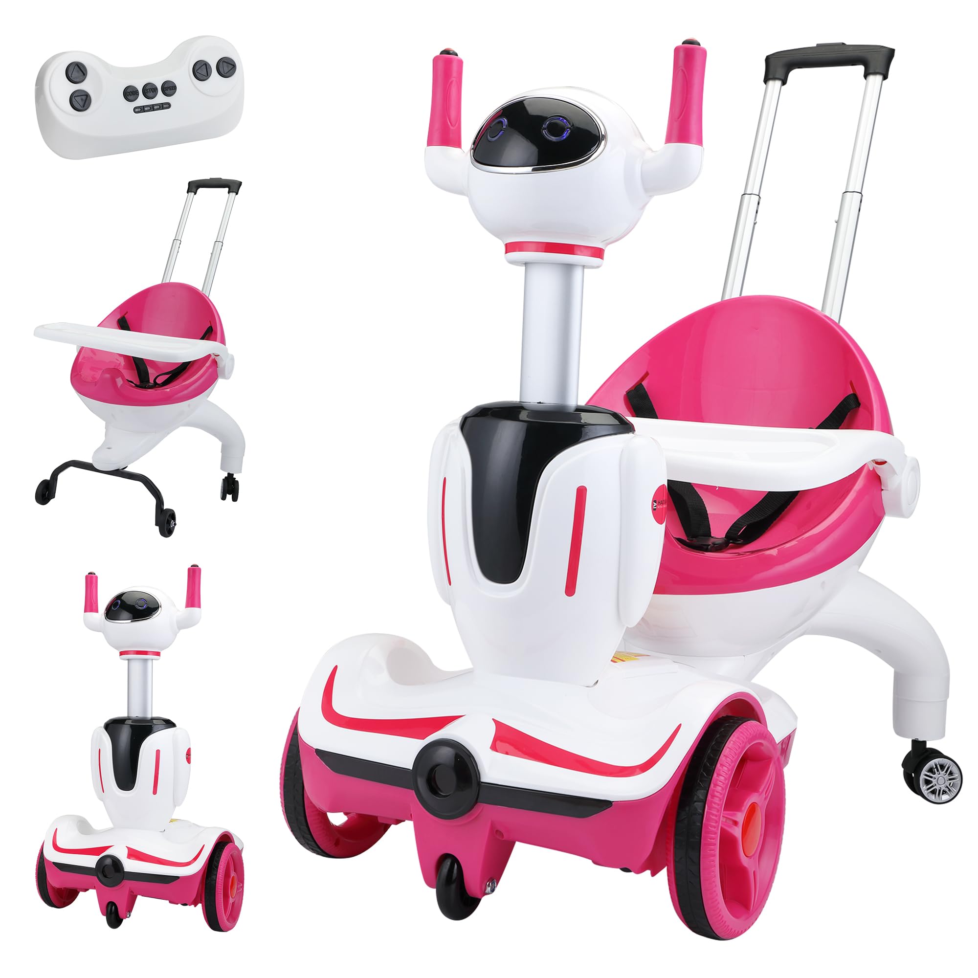TOBBI Kids 3-in-1 Electric Robot Buggy Toy - Remote Control Ride On Car & Scooter for Toddlers with Speed Adjustment & Safety Stop - Convertible Push Buggy, Electric Car & Scooter (Pink & White) - Perfect for Indoor Play, Outdoor Adventures & Birthday Gifts