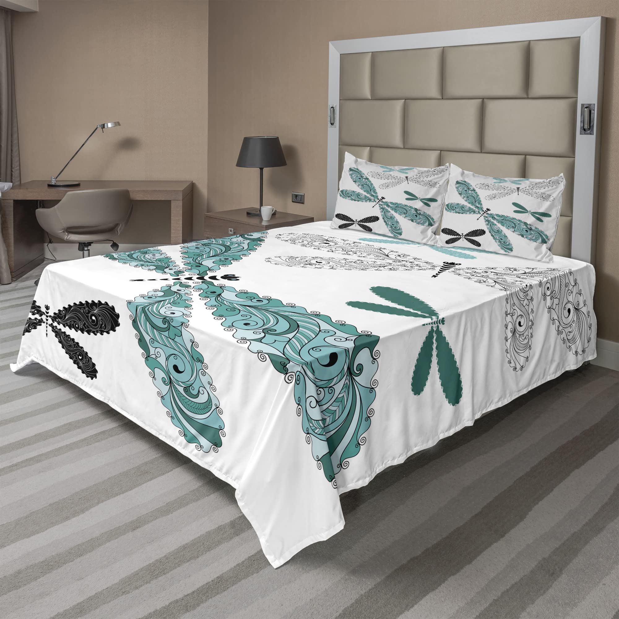 Ambesonne Dragonfly 4-Piece King Sheet Set - Ornamental Winged Insect Lace & Damask Design, Teal Turquoise Black Bedding for Master Bedroom & Guest Room Decor