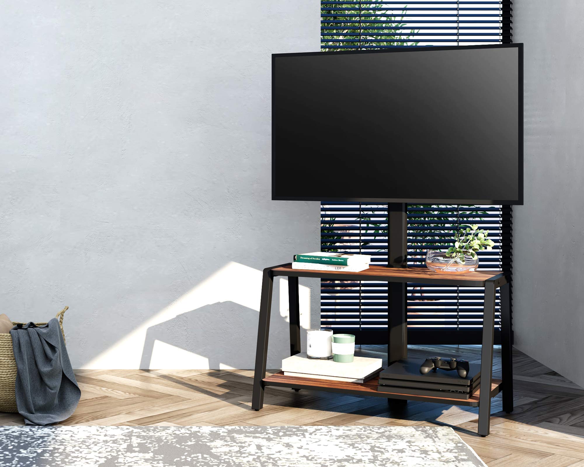 FITUEYES Wooden TV Stand for 32-55 Inch TVs with Mount, 2-Tier Entertainment Center with Storage Shelf - Tall Corner TV Stand for Bedroom & Living Room, Supports Up to 77lbs - Perfect for Flat Screen TVs, Gaming Consoles & Home Theater Setup