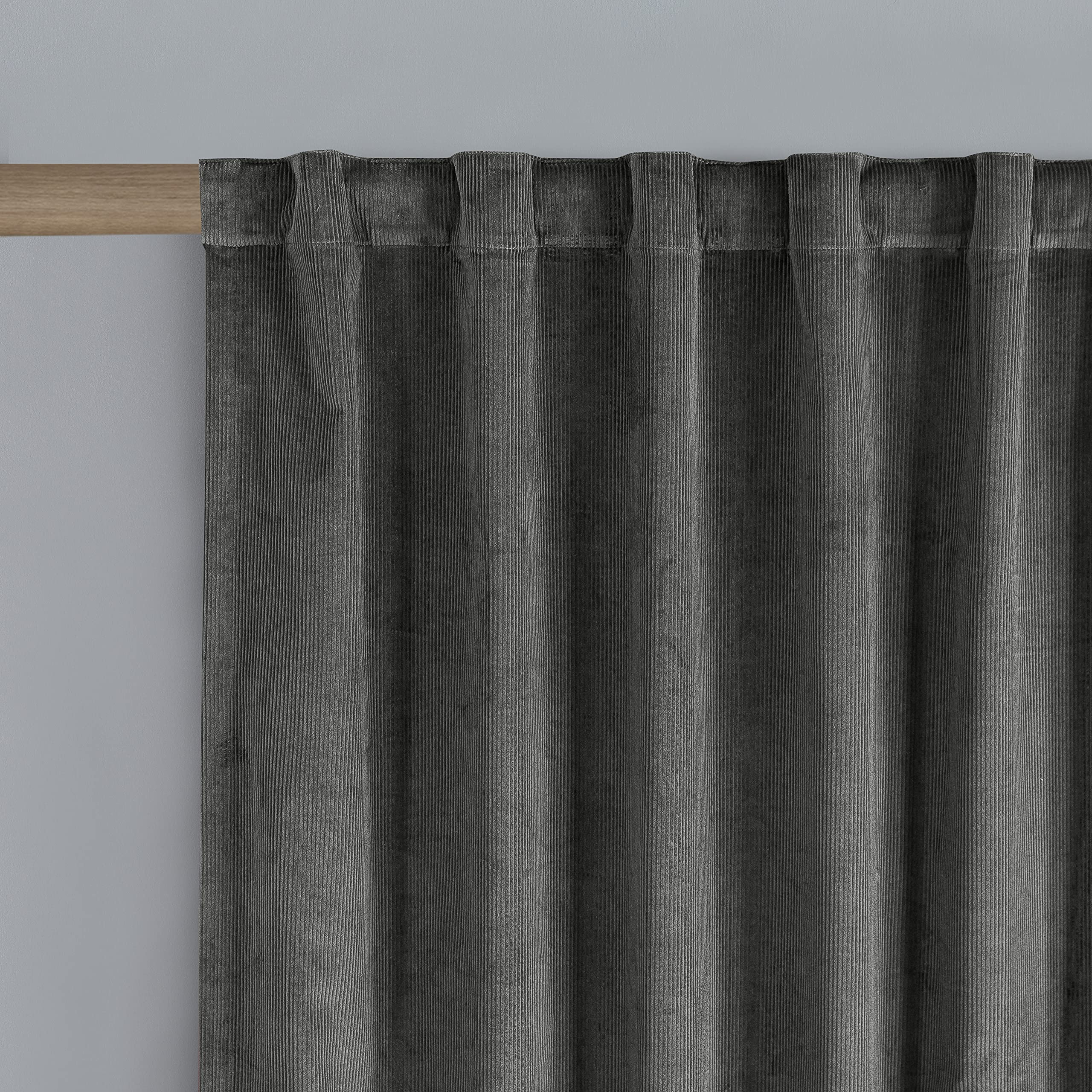 Premium Cotton Velvet Window Curtains Set of 2 - Heavy Corduroy Blackout Drapes for Bedroom, Mid Century Modern Style, 100% Cotton Room Darkening Panels (52x96 Inches, Charcoal) - Perfect for Living Room, Bedroom & Home Theater Light Control