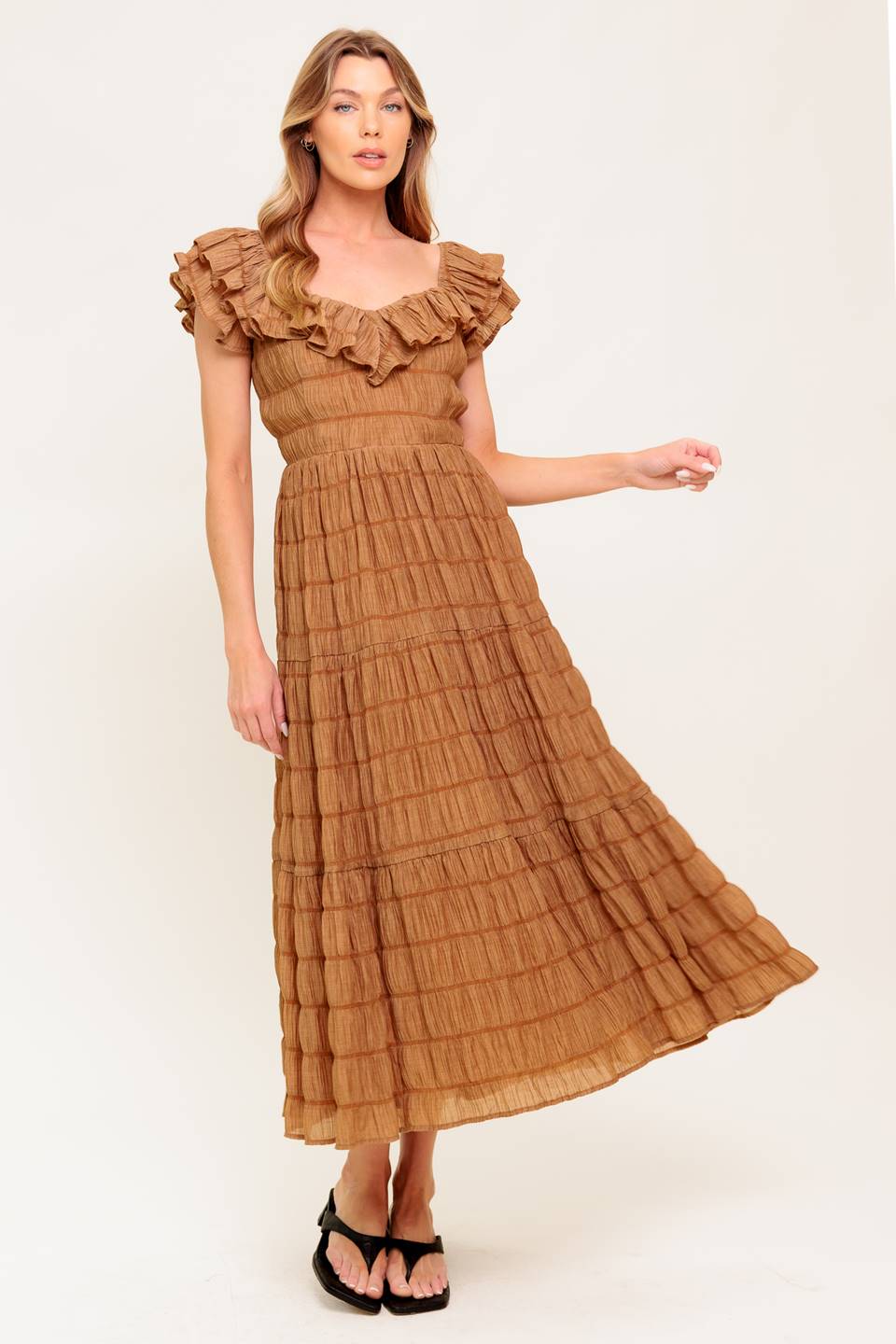 Natural Balance Brown Shirred Midi Dress - Elegant & Comfortable Casual Wear for Women | Perfect for Brunch, Office & Date Nights