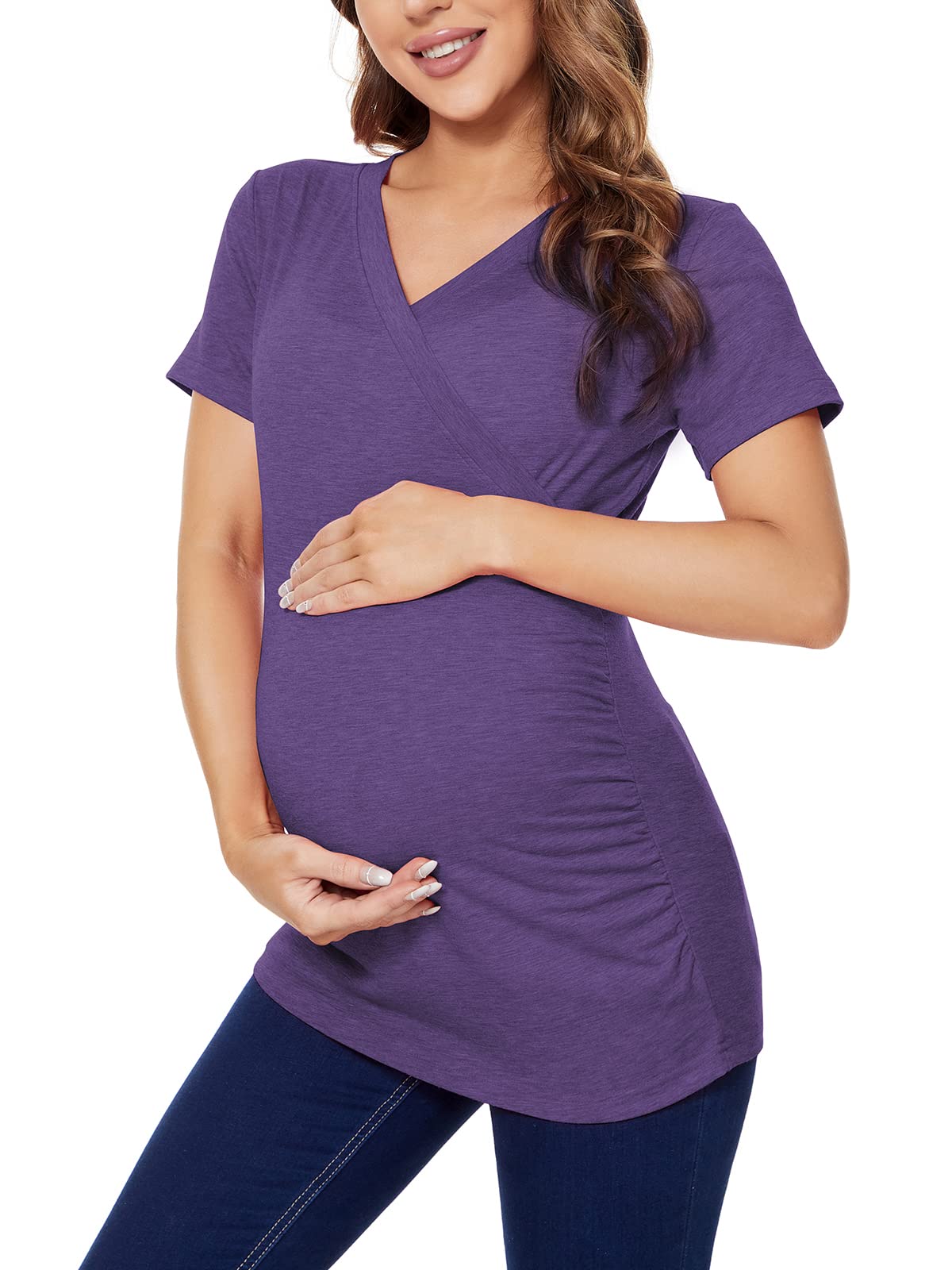 Liu & Qu Women's Maternity Nursing Tops - Soft Short Sleeve Breastfeeding Shirts with V-Neck for Comfortable Nursing at Home or Outdoors