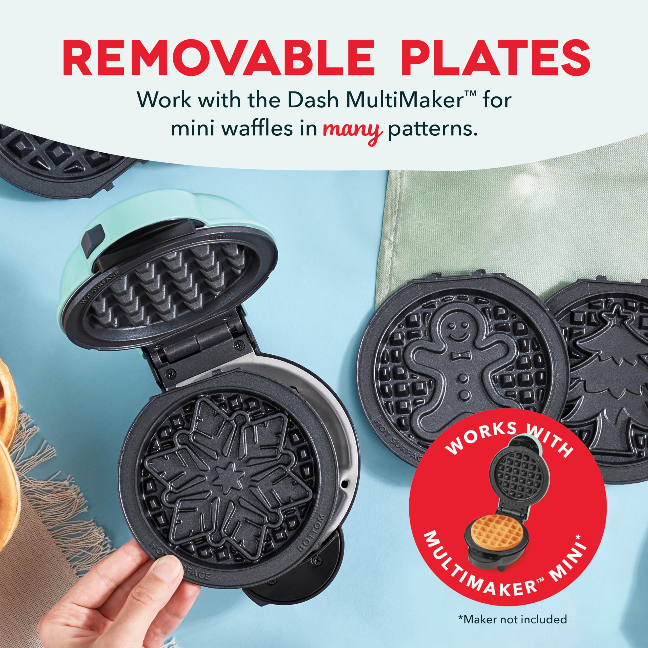 DASH MultiMaker Mini System Two 4” Nonstick Removable Waffle Plates (Gingerbread & Snowflake) - 2-Piece Plate Pack for Waffle Iron & Griddle, Compatible with Dash MultiMaker Mini System, Nonstick Surface - Perfect for Holiday Breakfast, Christmas Brunch & Family Gatherings