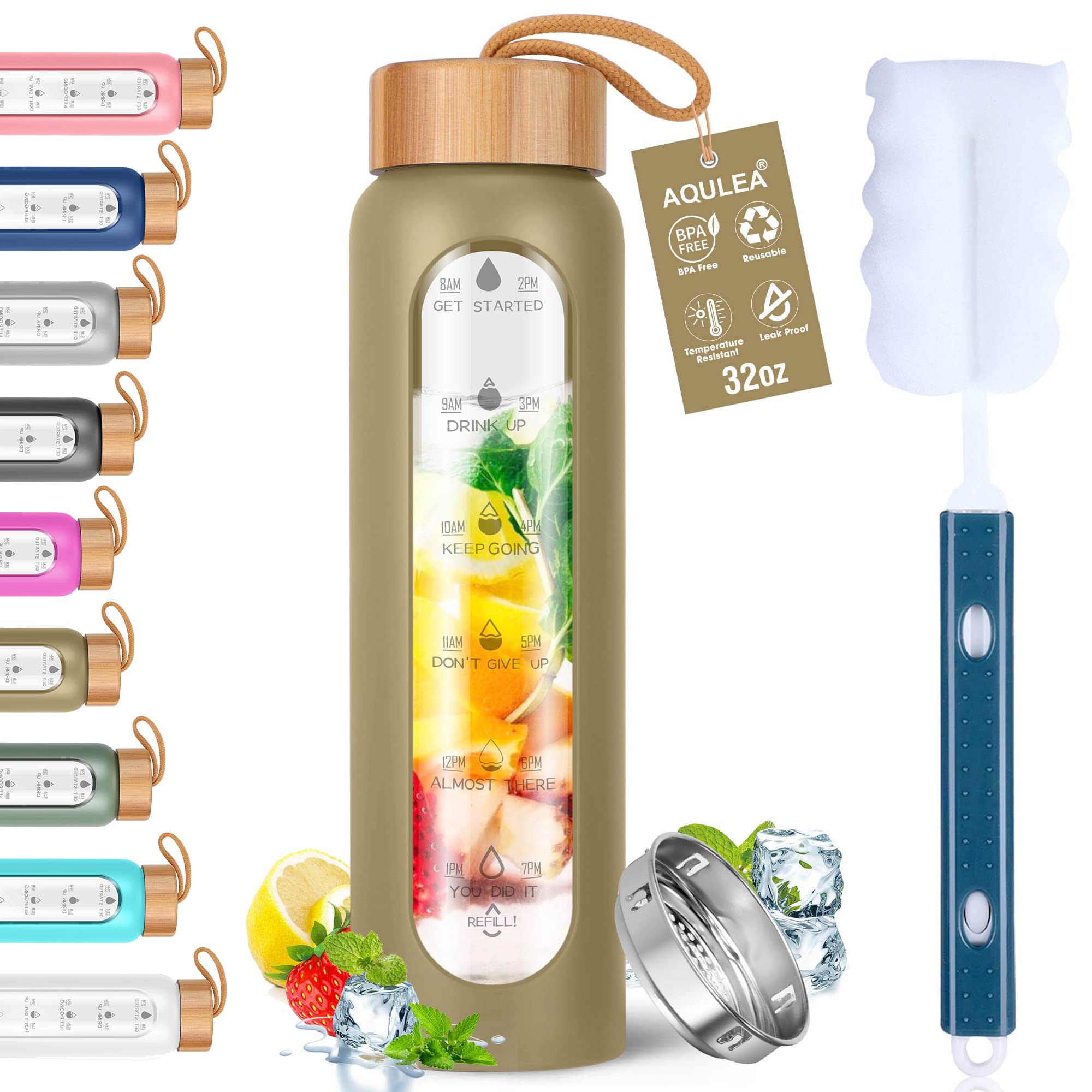 Aqualea 32 Oz BPA-Free Borosilicate Glass Water Bottle with Time Markers & Infuser - Reusable Wide Mouth Motivational Water Bottle with Silicone Sleeve - Perfect for Gym, Office, Hiking and Daily Hydration Tracking