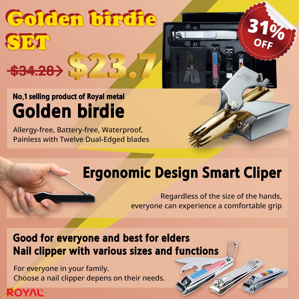 5-Piece Korean Nose Hair Trimmer Set with 4 Nail Clippers - Battery-Free Grooming Kit for Men (Gold & Black) | Perfect Gift for Dad & Family | Home & Travel Personal Care Essentials