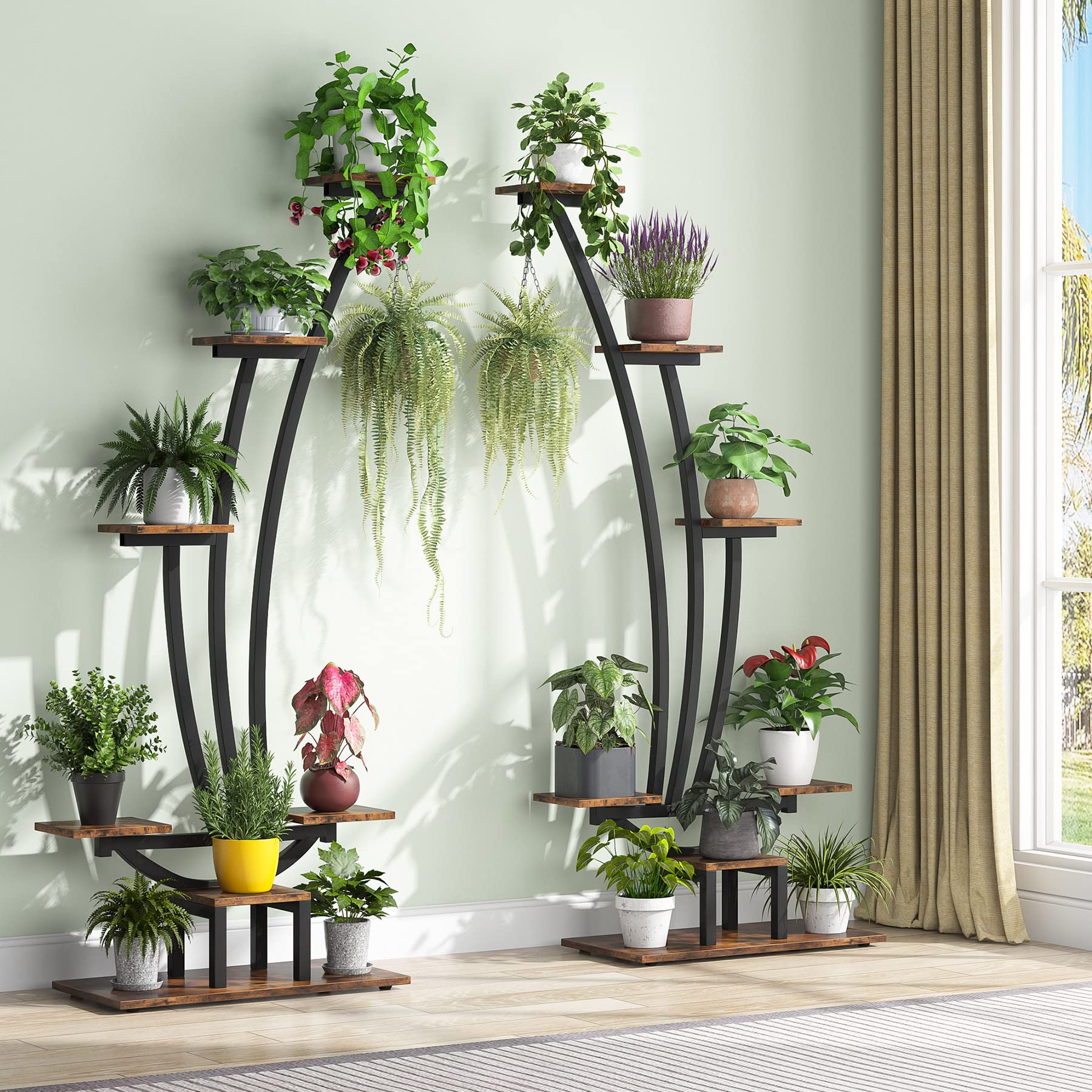 Tribesigns 6-Tier Tall Indoor Plant Stand - Set of 2 Metal Curved Display Shelves with Hanging Hooks for Bonsai, Flower Pots & Home Decor - Perfect for Living Room, Garden, Balcony & Indoor Plants Organization