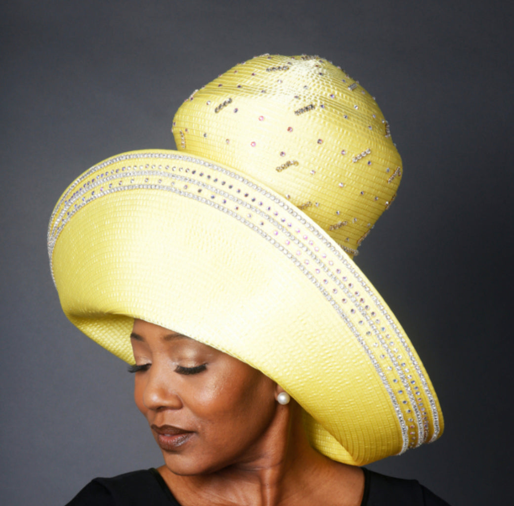 OE0017 Yellow Glamour Satin Ladies Dress Hat with Rhinestones - Elegant Women's Fashion Accessory for Weddings, Parties & Special Occasions