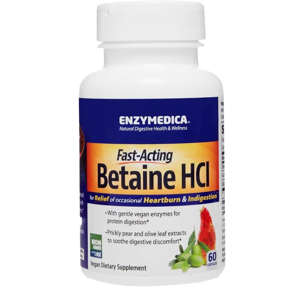 Enzymedica Betaine HCI 600mg Digestive Enzyme Supplement - 60 Capsules for Gut Health & Acid Reflux Relief - Supports Protein Digestion & Nutrient Absorption