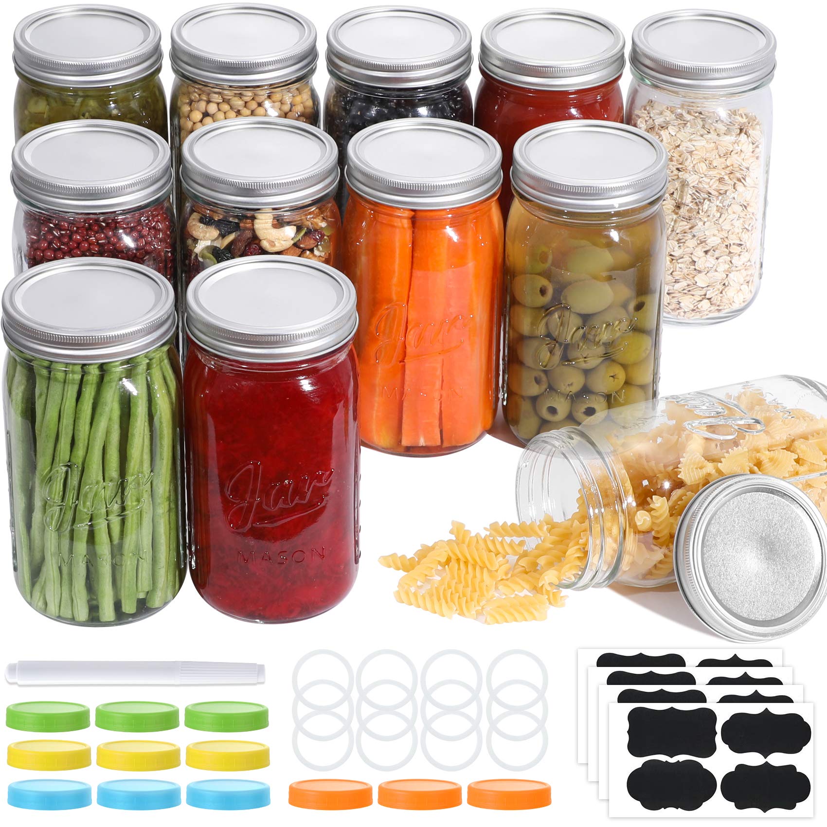 12-Piece Wide Mouth Mason Jars 32 Oz - Airtight Food Storage Jars with Lids & Bands | Leak-Proof Canning Jars for Pickling, Fermenting & Meal Prep | Includes Colorful Plastic Lids, Blank Labels & Chalk Marker | Perfect for Home Canning, DIY Gifts & Pantry Organization