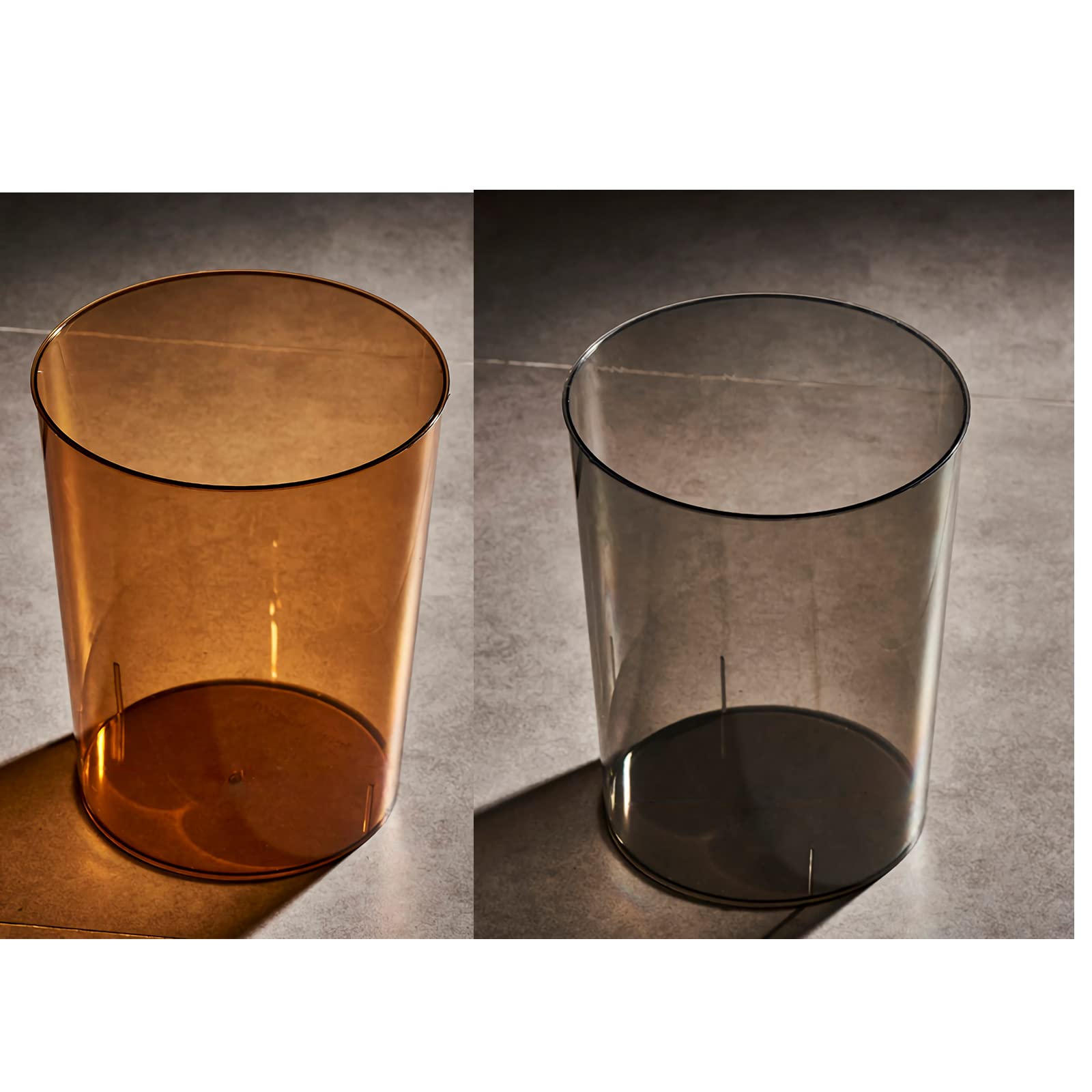 2 Pack Small Clear Trash Can - 1.5 Gallon Plastic Waste Basket for Bathroom, Office, Bedroom, Dorm | Space-Saving Under Desk Garbage Bin in Amber & Grey | Perfect for Home, Kitchen & Workspaces