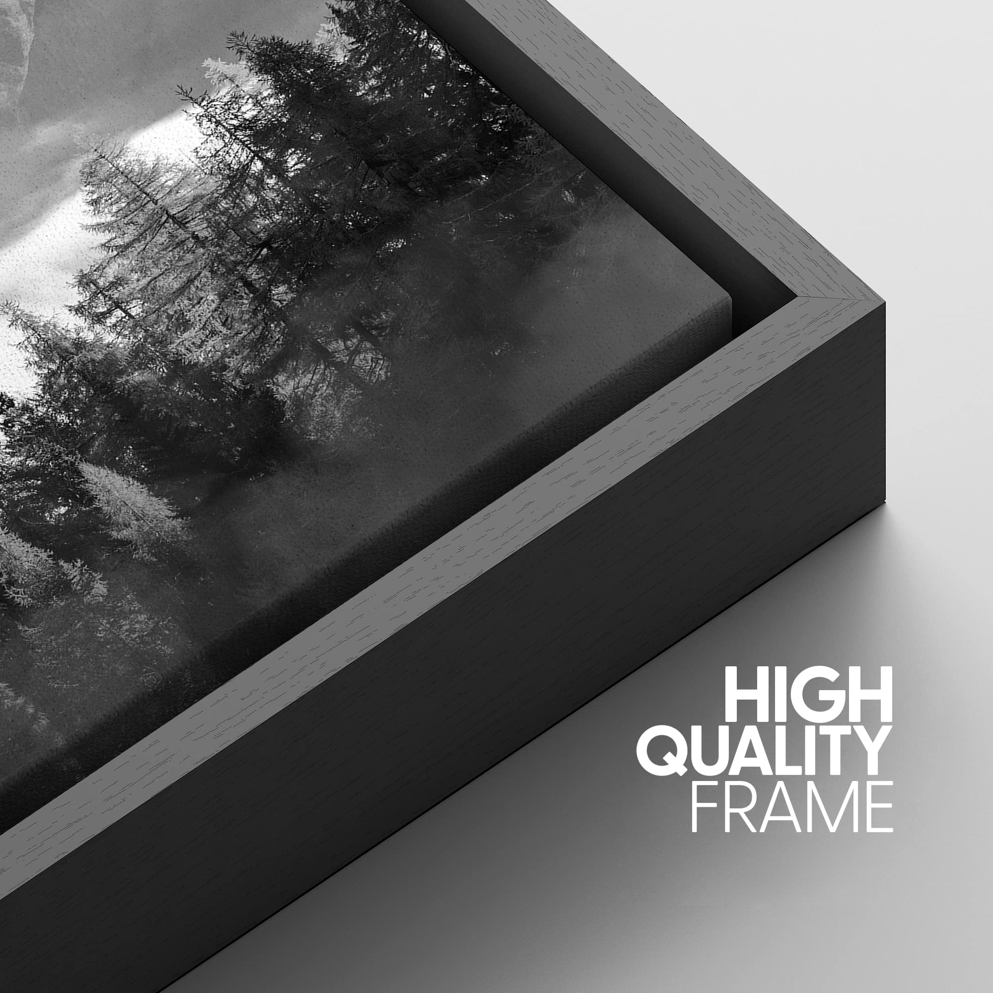 IDEA4WALL Framed Canvas Print - Black & White Mist Over Mountain Forest Valley Nature Wilderness Art - 24