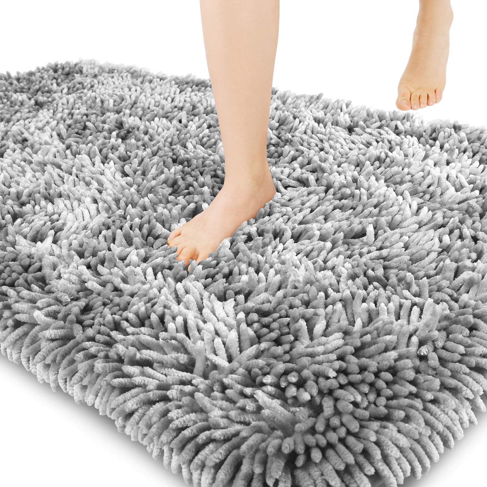 Yimobra Soft Shaggy Bath Mat 36x24 Inches - Ultra Absorbent Non-Slip Bathroom Rug, Quick Dry Machine Washable Microfiber Shower Mat for Bathroom Floor & Tub - Light Grey - Perfect for Spa-Like Bathroom Comfort