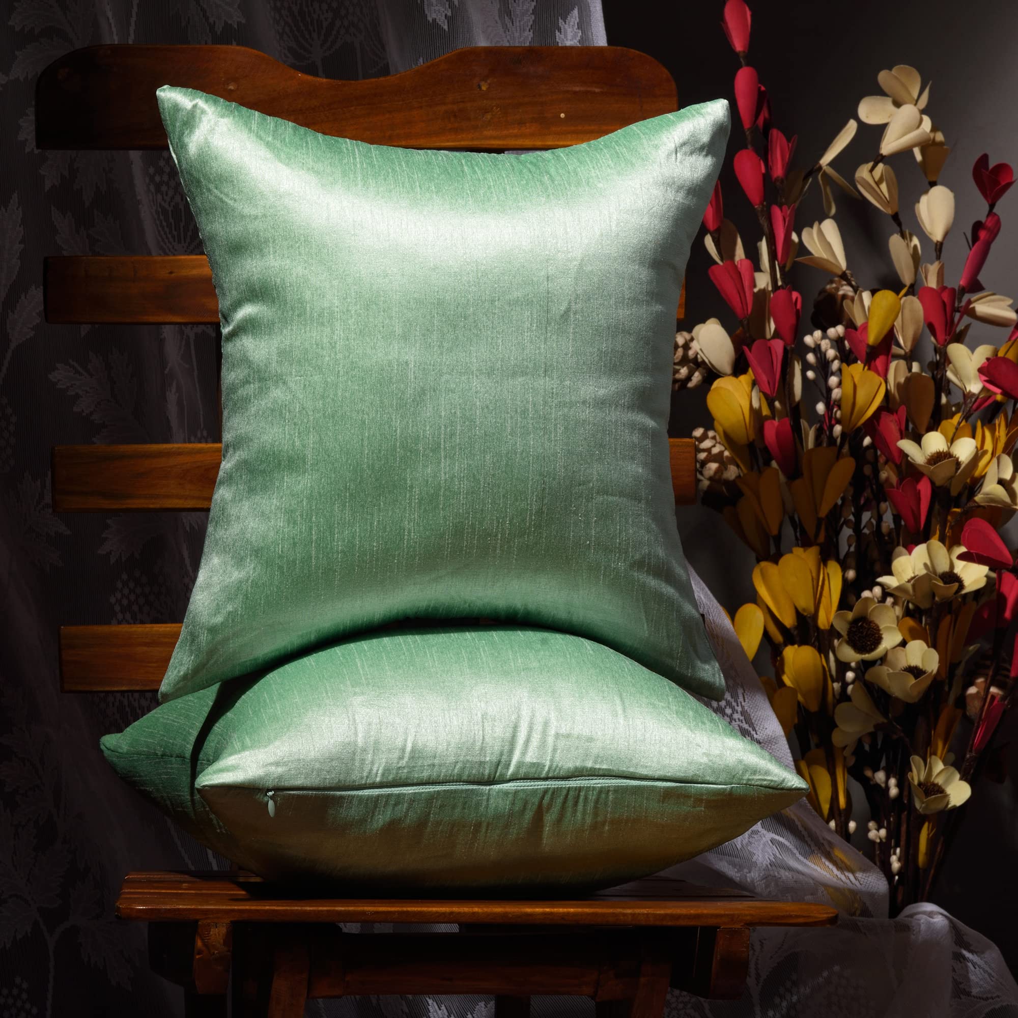 Boho Decorative Throw Pillow Set of 2 - 12x12 Silk Solid Pillow Covers for Couch, Sofa & Bed - Farmhouse & Boho Living Room Decor in Pistachio Green - Perfect for Home Styling, Cozy Reading Nooks & Guest Room Accents