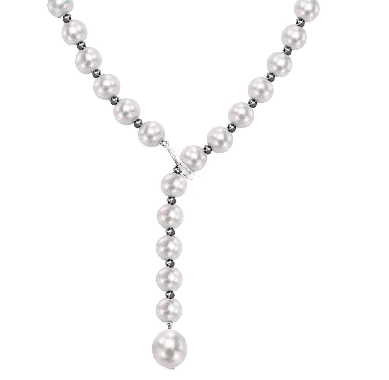 Sterling Silver Adjustable Freshwater Cultured Pearl & 2-3mm Black Diamond Necklace 21
