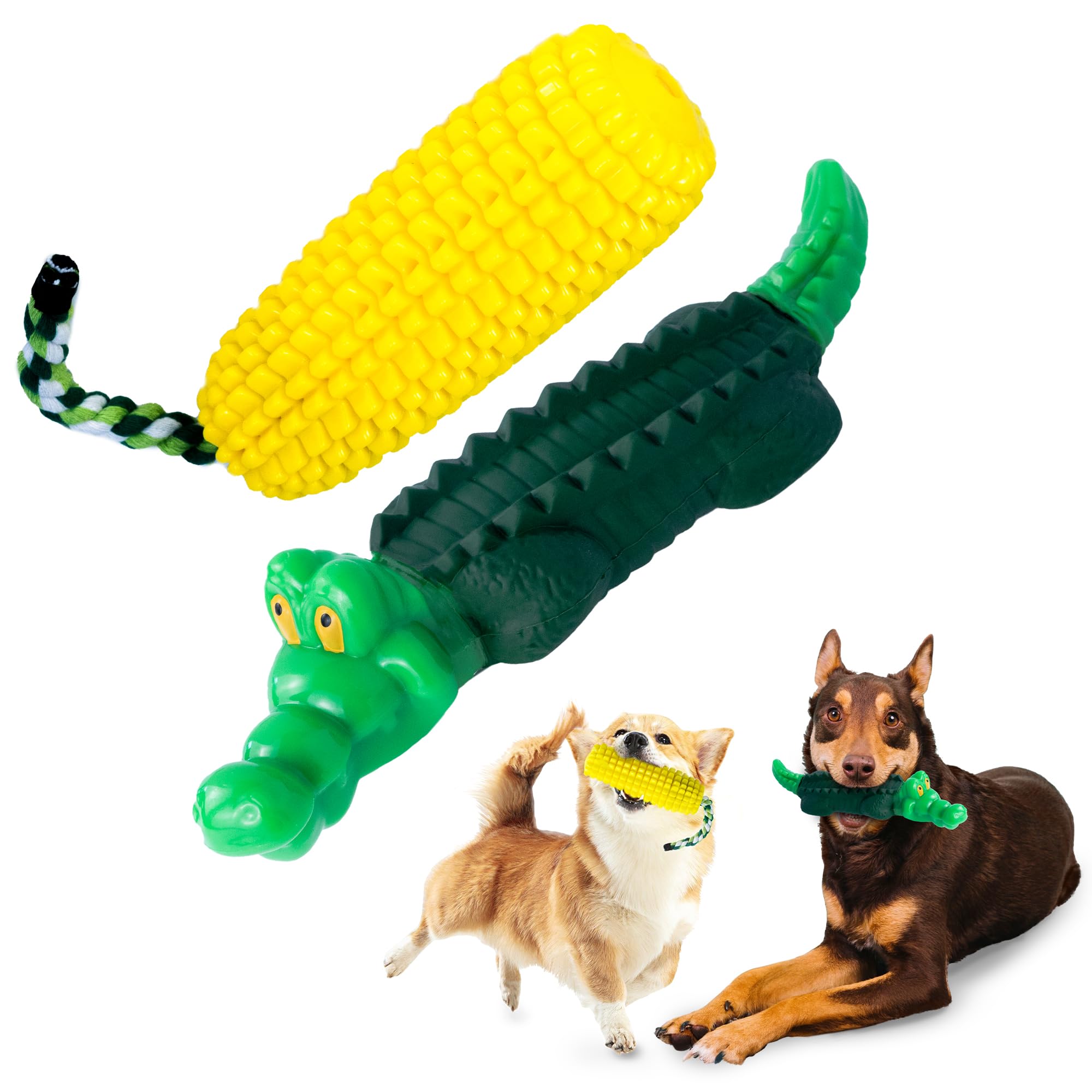 Durable 2-Pack Dog Chew Toys for Aggressive Chewers - Cartoon Alligator & Corn-Shaped Squeaky Interactive Rubber Toys for Medium & Large Breeds | Heavy Duty Chew Toys for Playtime, Training & Dental Health