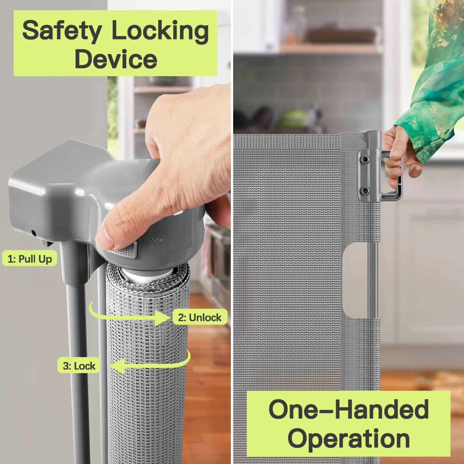 195 Inch Extra Wide Retractable Baby Gate & Dog Fence with Support Rods - 16ft Expandable Safety Barrier for Indoor/Outdoor Use | Prevents Crawling Under | Durable Gray Pet Gate for Stairs, Hallways & Doorways