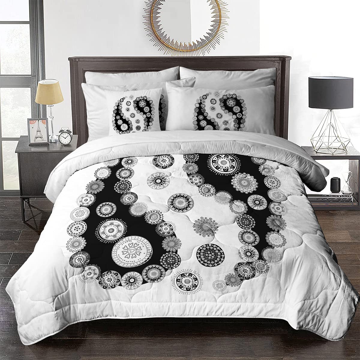 BlessLiving Bohemian Queen Size 8-Piece Bed in a Bag Set - Paisley Vintage Comforter with Black & White Mandala Design (Includes Comforter, Pillowcases, Shams, Sheets & Cushion Cover) for Cozy Bedroom, Guest Room or Dorm Decor