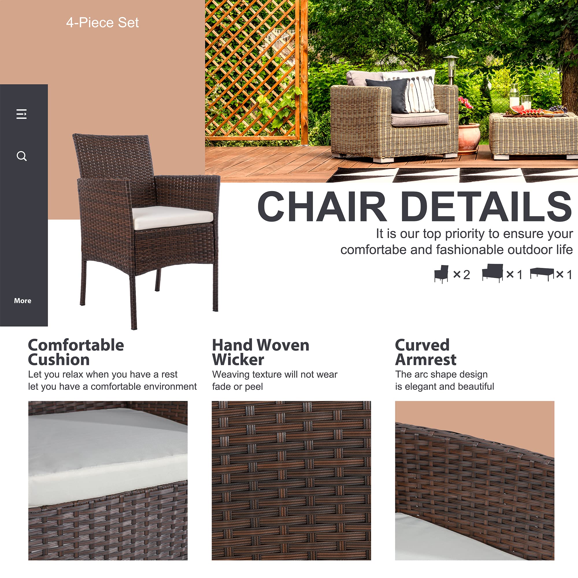 **SUNLEI 4-Piece Outdoor Patio Furniture Set - Rattan Wicker Conversation Set with Coffee Table, Brown & White - Perfect for Backyard, Porch, Garden, Poolside, Balcony, Indoor & Outdoor Use**