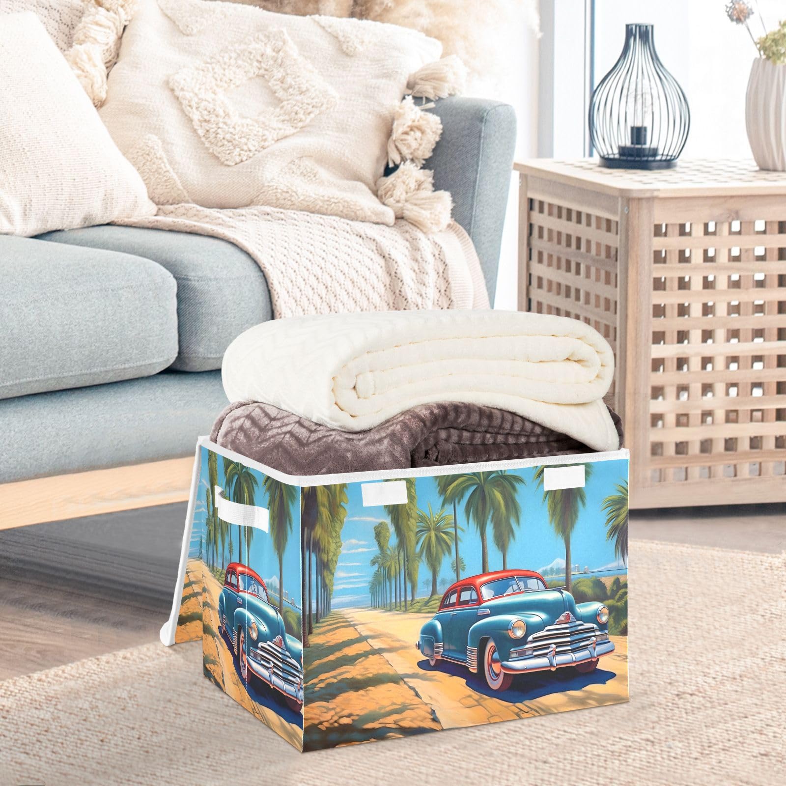 Collapsible Fabric Storage Bins with Lids & Handles - 16.5×12.6×11.8 Inch Foldable Cube Organizer for Beach, Car, Home, Bedroom, Closet & Office - Perfect for Toys, Blankets, Books & Seasonal Decor Storage