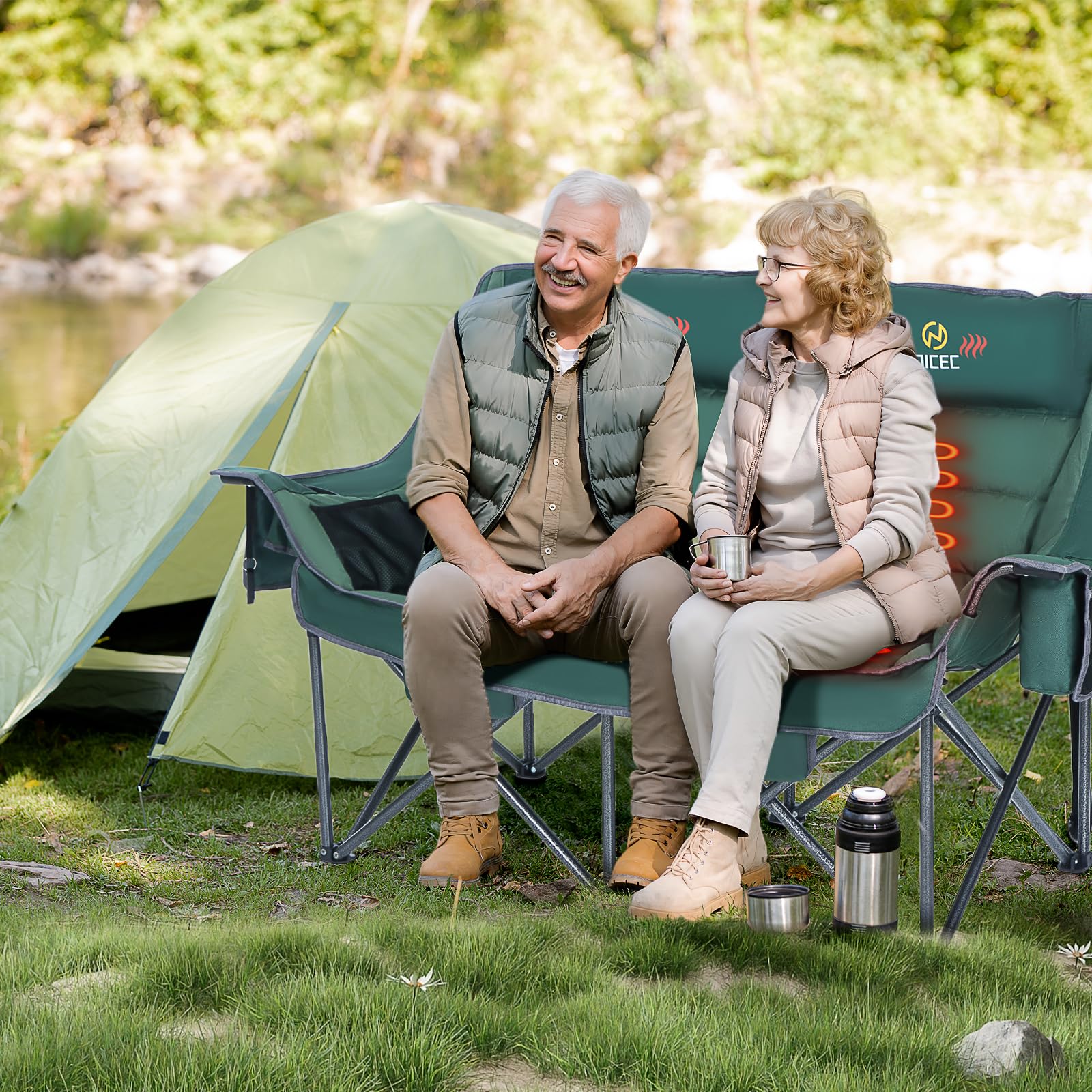 Premium Heated Camping Chair for Adults - Oversized Double Loveseat with Adjustable Heating & Extra Padding - Includes Insulated Cooler Bag - Perfect for Outdoor Camping, Backyard Relaxation & Winter Sports Events