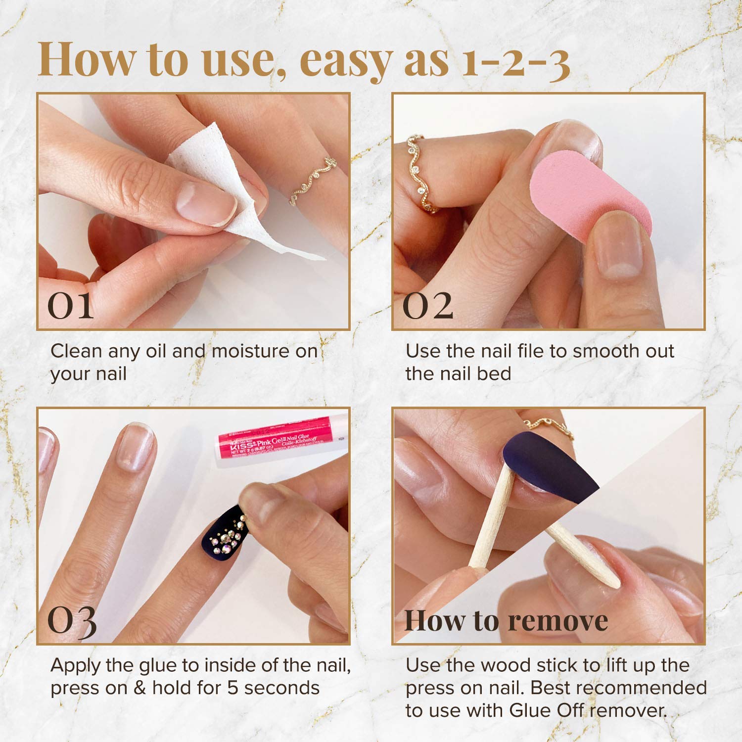 Halloween Nails Kiss Gold Luxury Press-On Nails with 3D Jewels - 30 Long Fake Nails Set Includes Pink Gel Glue & Manicure Stick (GFL13) | Perfect for Halloween Parties, Costume Events & Glamorous Nail Art