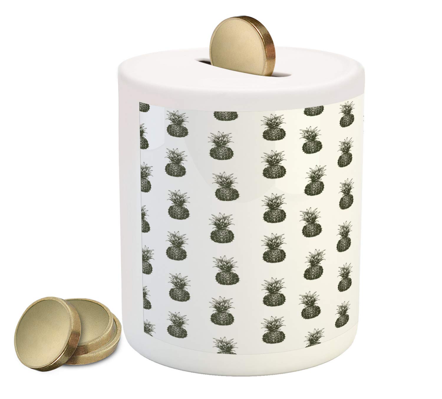 Ambesonne Ceramic Piggy Bank - Hand Drawn Tropical Pineapple Design on Off-White Background, Money Saving Coin Bank for Kids & Adults (Charcoal Grey & Ivory) - Perfect for Home Decor, Birthday Gifts & Financial Literacy Education