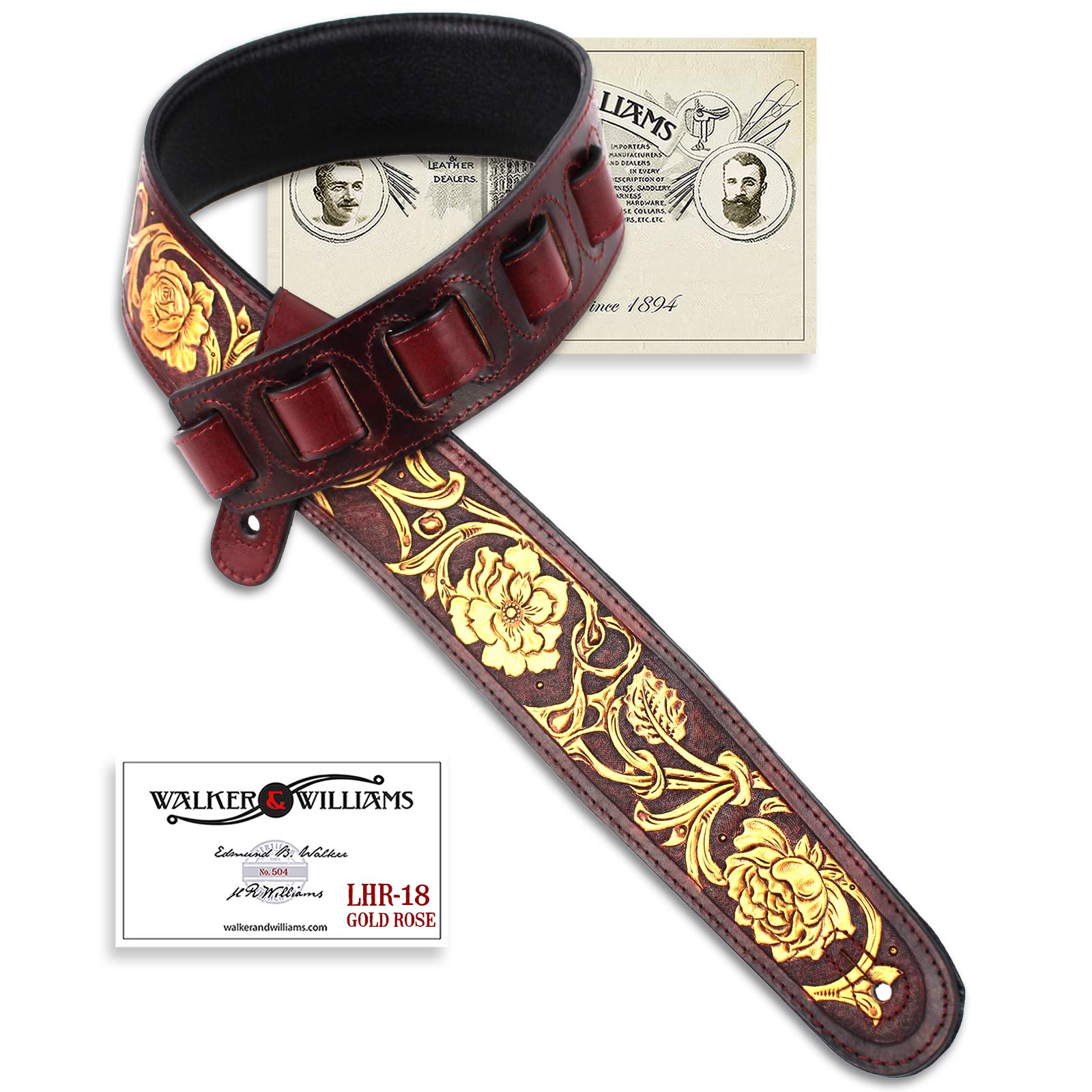 Premium Garnet Red Leather Guitar Strap with Gold Floral Carving - Adjustable for Acoustic, Electric & Bass Guitars | Comfortable & Stylish for Live Performances & Studio Sessions