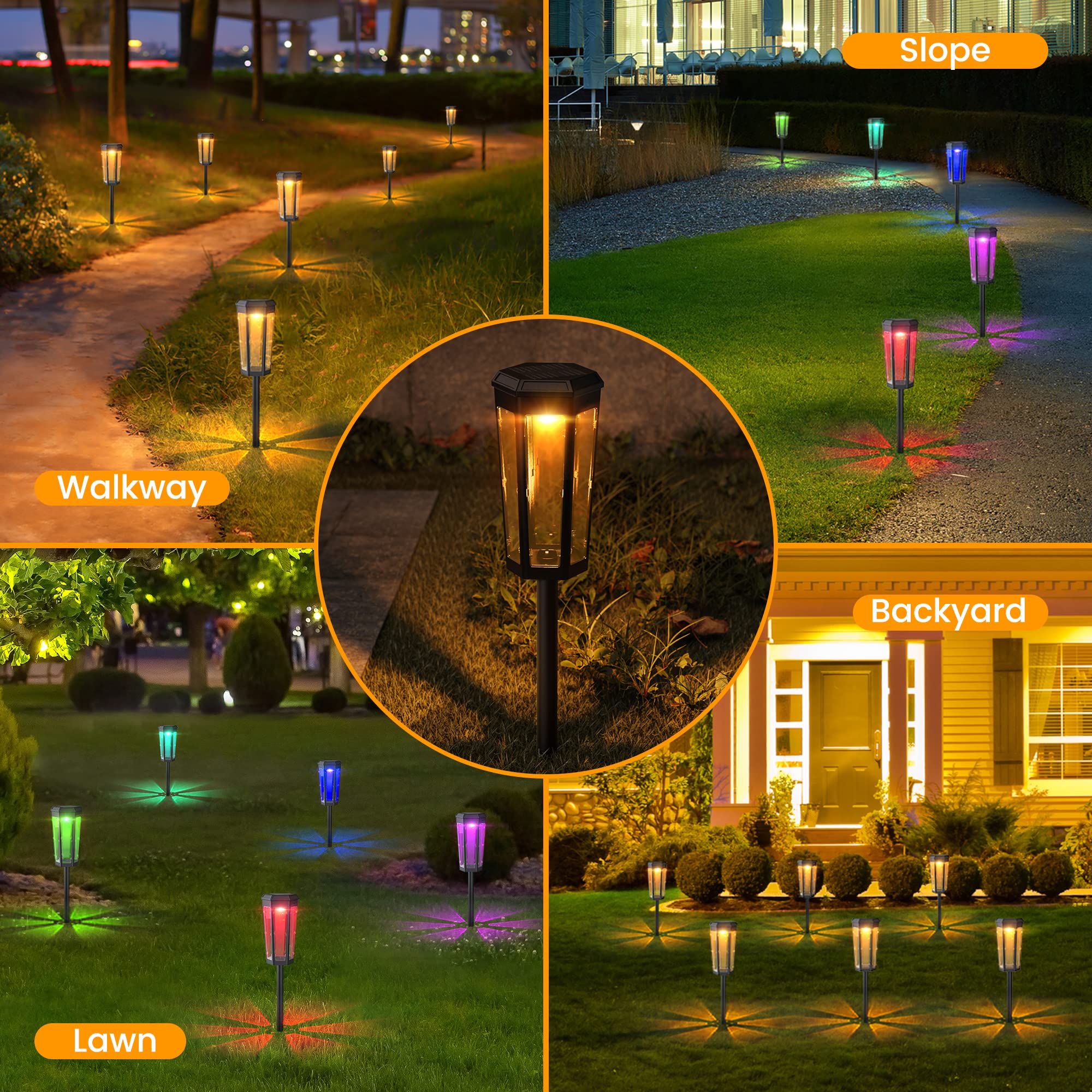 JACKYLED Solar Pathway Lights 6 Pack - 60LM Warm White & RGB Color Changing Outdoor Solar Lights with 1600mAh Battery for Garden, Lawn, Yard, Walkway, Patio - Perfect for Landscape Lighting & Nighttime Safety