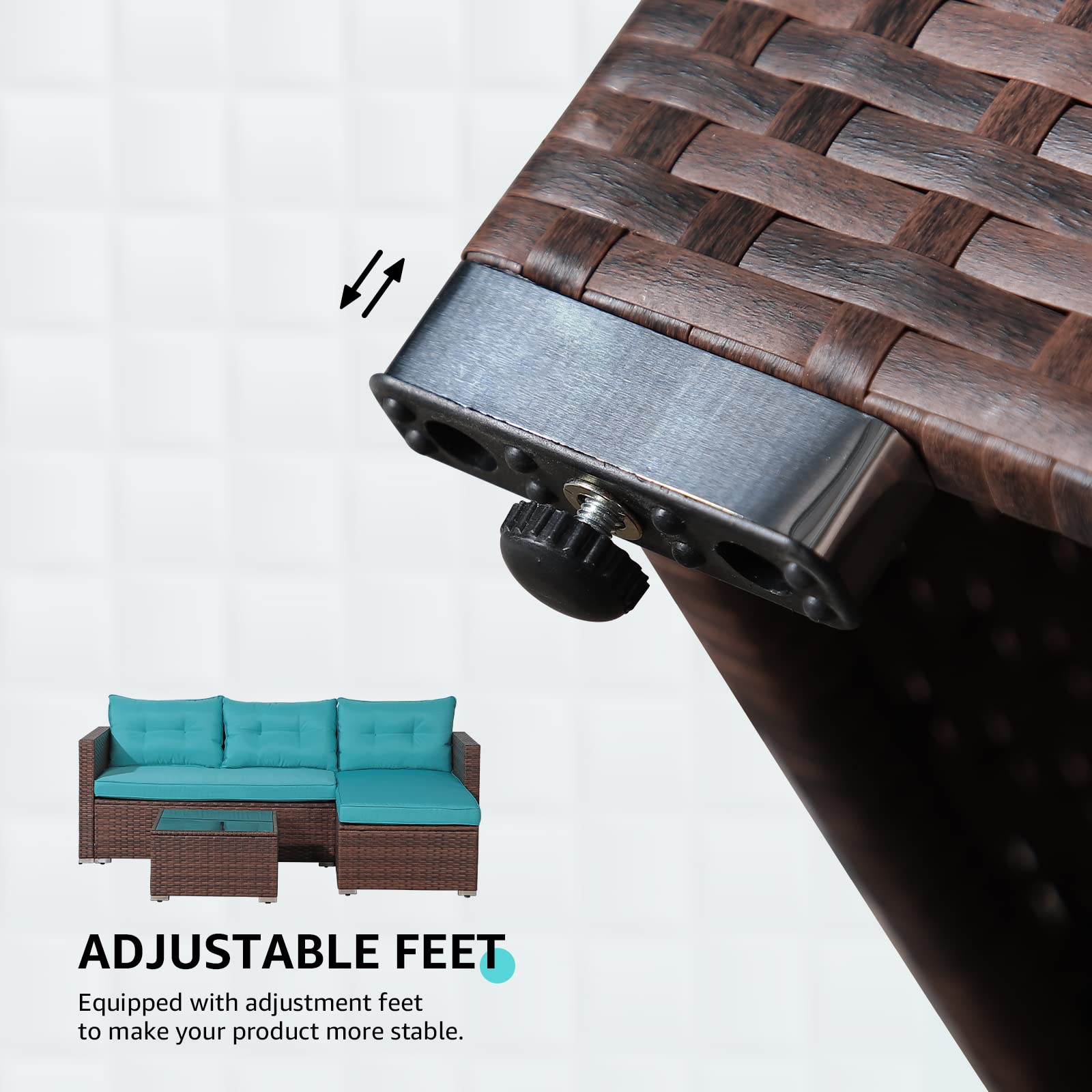 OC Orange-Casual 3-Piece All-Weather Patio Furniture Set - Outdoor Wicker Sectional Sofa with Glass Coffee Table & Turquoise Cushions - Brown Rattan Loveseat for Deck, Balcony, Porch, Garden & Backyard Relaxation