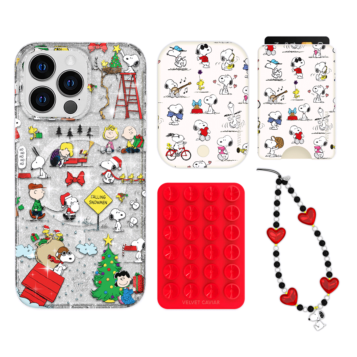 Snoopy Christmas Glitter iPhone Case with Wallet - Cute Cartoon Character Phone Cover & Card Holder Set - Perfect Holiday Gift for Fans, Family & Friends (Great for Travel, Shopping & Daily Use)