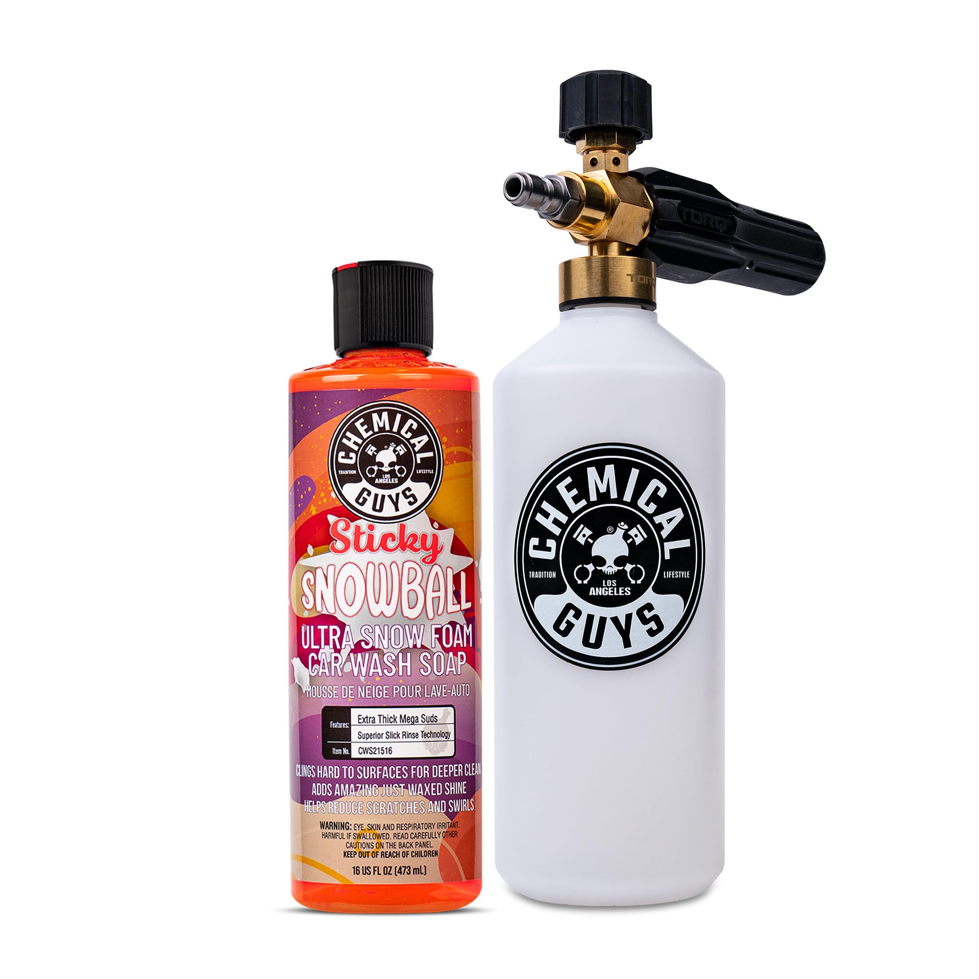 Chemical Guys EQP369 TORQ Professional Snow Foam Cannon & Sticky Snowball Car Wash Soap Kit (16 fl oz) – Safe for Cars, Trucks, SUVs – Pressure Washer Compatible – Perfect for Deep Cleaning & Foam Wash at Home or Car Detailing Business