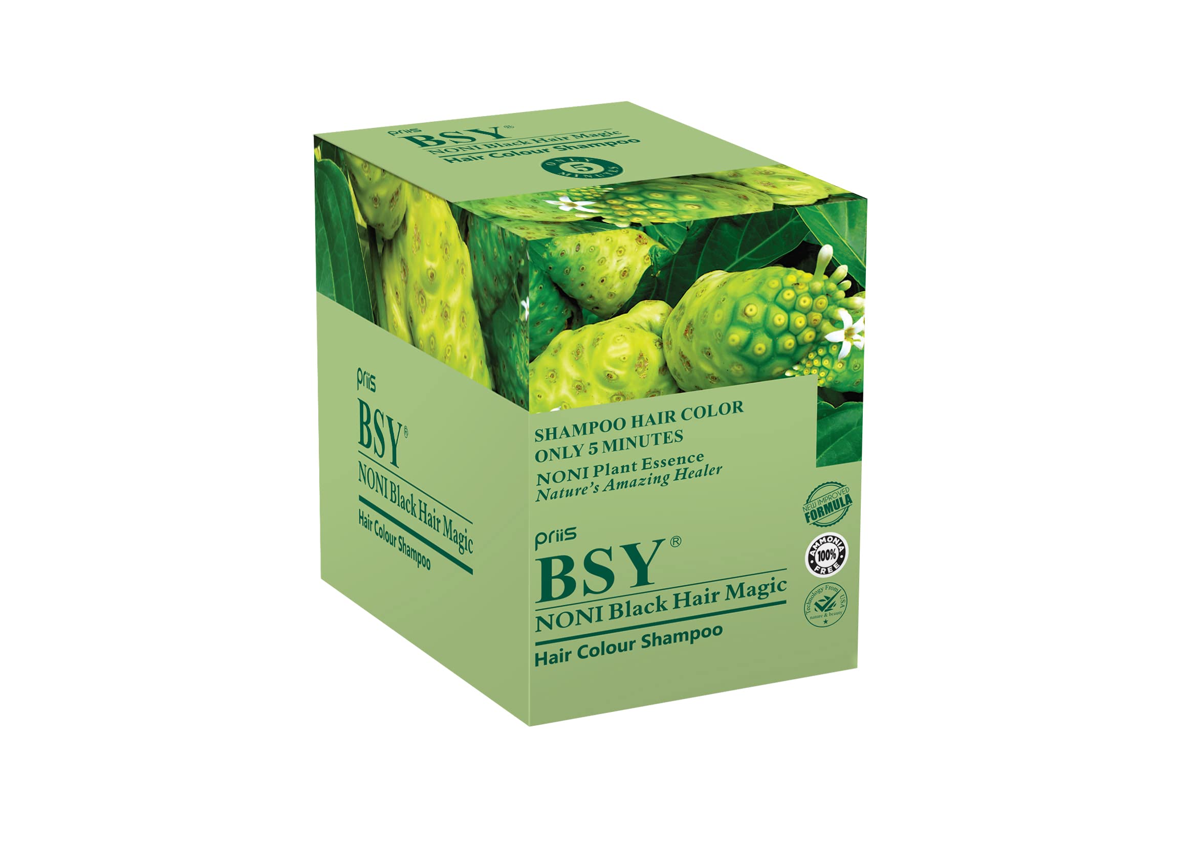 BSY Noni Black Hair Magic Hair Color Shampoo (20ml x 10 Sachets) - Ammonia Free Permanent Hair Dye for Men & Women | Natural Noni Fruit Extract | At-Home Hair Coloring Solution for Gray Coverage & Vibrant Black Shine