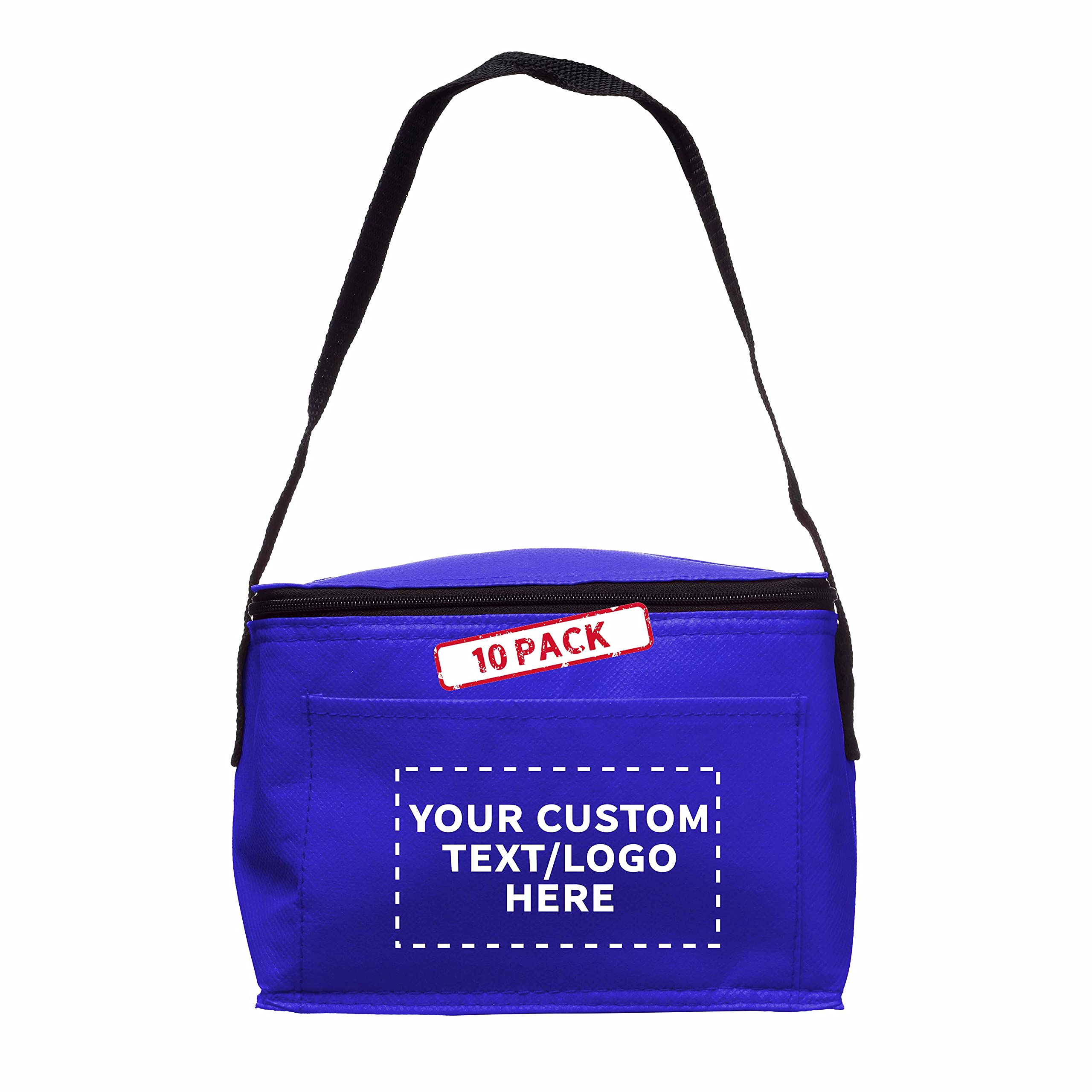 10 Pack Insulated Lunch Bags with Zipper Top - Custom Text & Logo Printing - Non-Woven Fabric, Vibrant Colors, Black Strap (Blue) - Perfect for School, Office, Picnics & Outdoor Activities