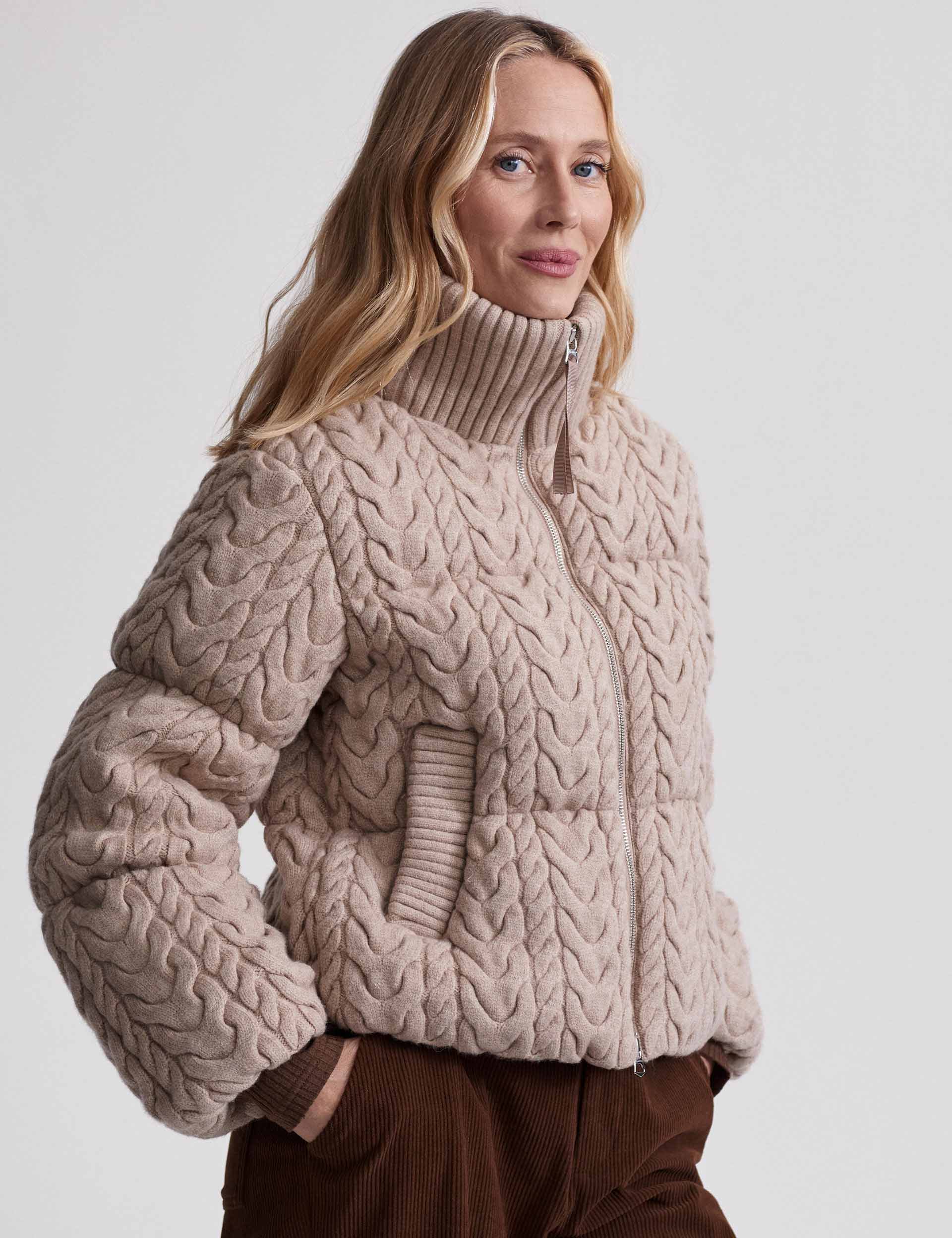 Reggie Cable Knit Puffer Jacket - Light Taupe Winter Coat for Women | Warm & Stylish Outerwear for Cold Weather, Outdoor Activities & Casual Wear
