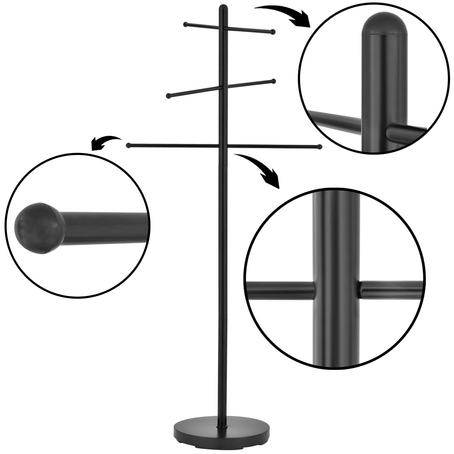 MyGift 6-Bar Modern Black Freestanding Outdoor Pool Towel Rack - Heavy Duty Metal Towel Holder for Bathroom, Hot Tub, Spa & Poolside - Round Weighted Base for Stability - Perfect for Beach Houses, Resorts & Backyard Lounging