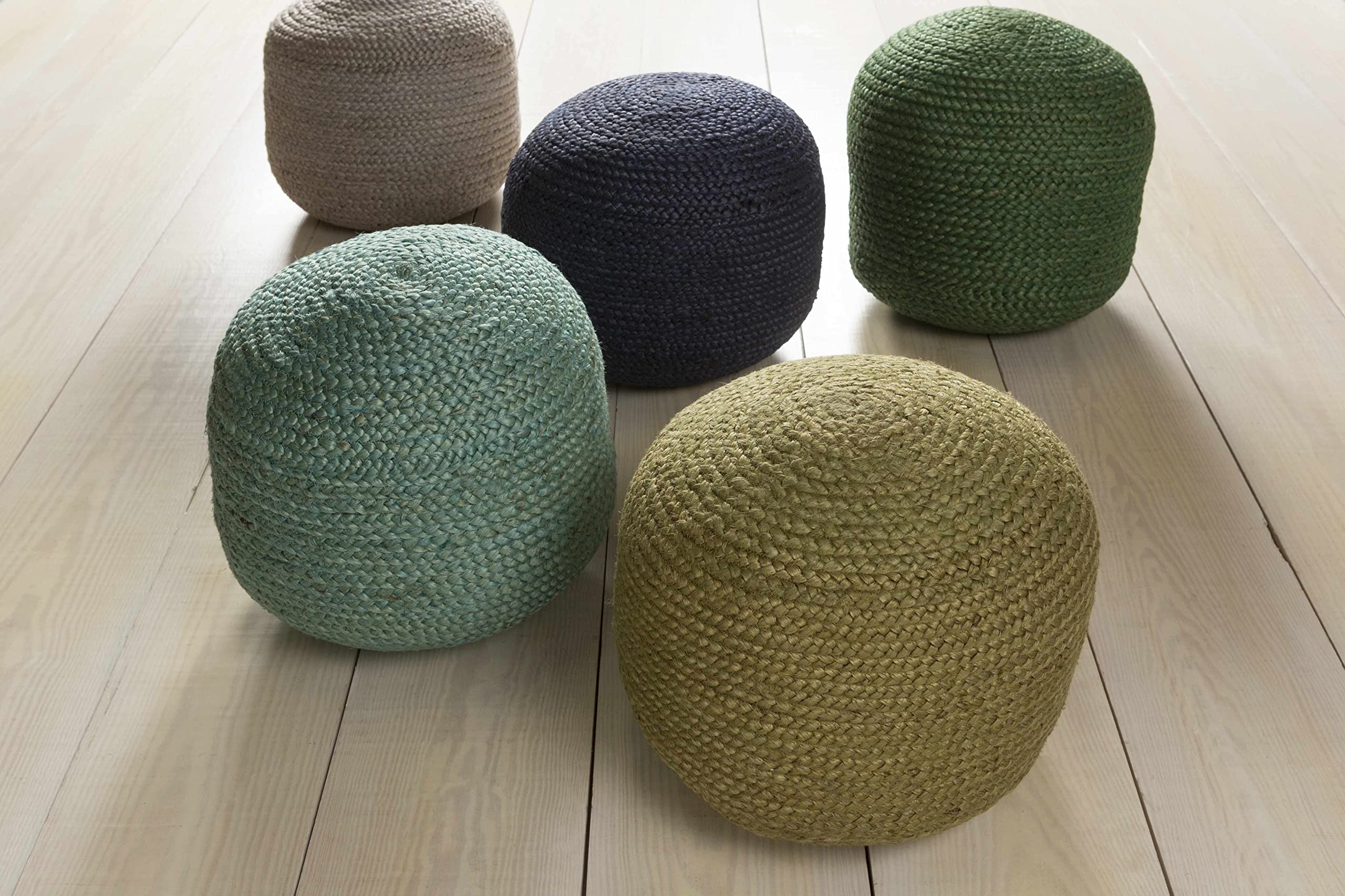 Hauteloom Gail Natural Wicker Jute Round Pouf Ottoman - Braided Woven Foot Stool with 100% Polybead Fill - Dark Blue Cylinder Ottoman 19.75