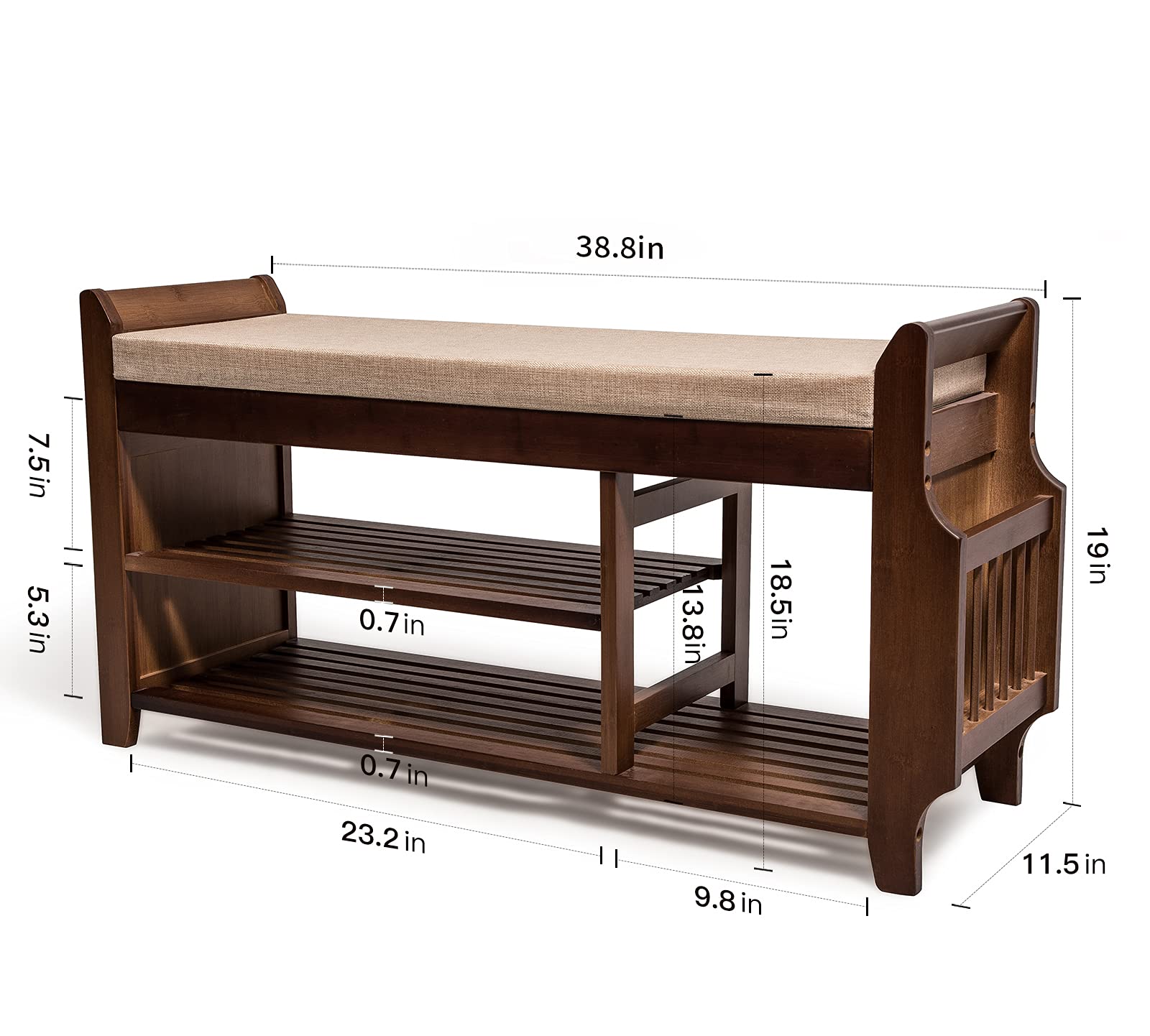 2-Tier Bamboo Shoe Rack Bench with Removable Cushion, Storage Shelf & Umbrella Stand - Entryway Organizer with Drawer for Shoes, Boots & Accessories - Perfect for Hallway, Living Room, Bathroom or Bedroom Storage Solution