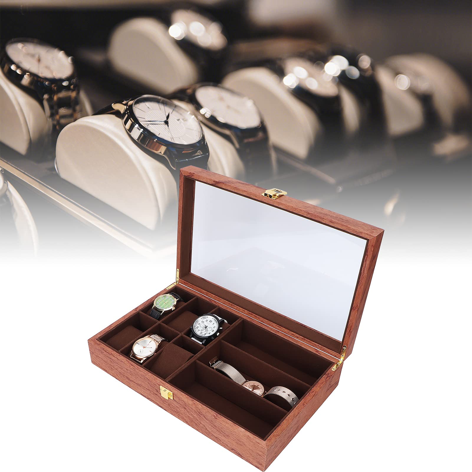 01 Watches Storage Box - PU Leather & Velvet Jewelry Organizer with Clear Glass Lid - Perfect for Watch Collection, Rings, Necklaces & Bracelets Display at Home or Travel