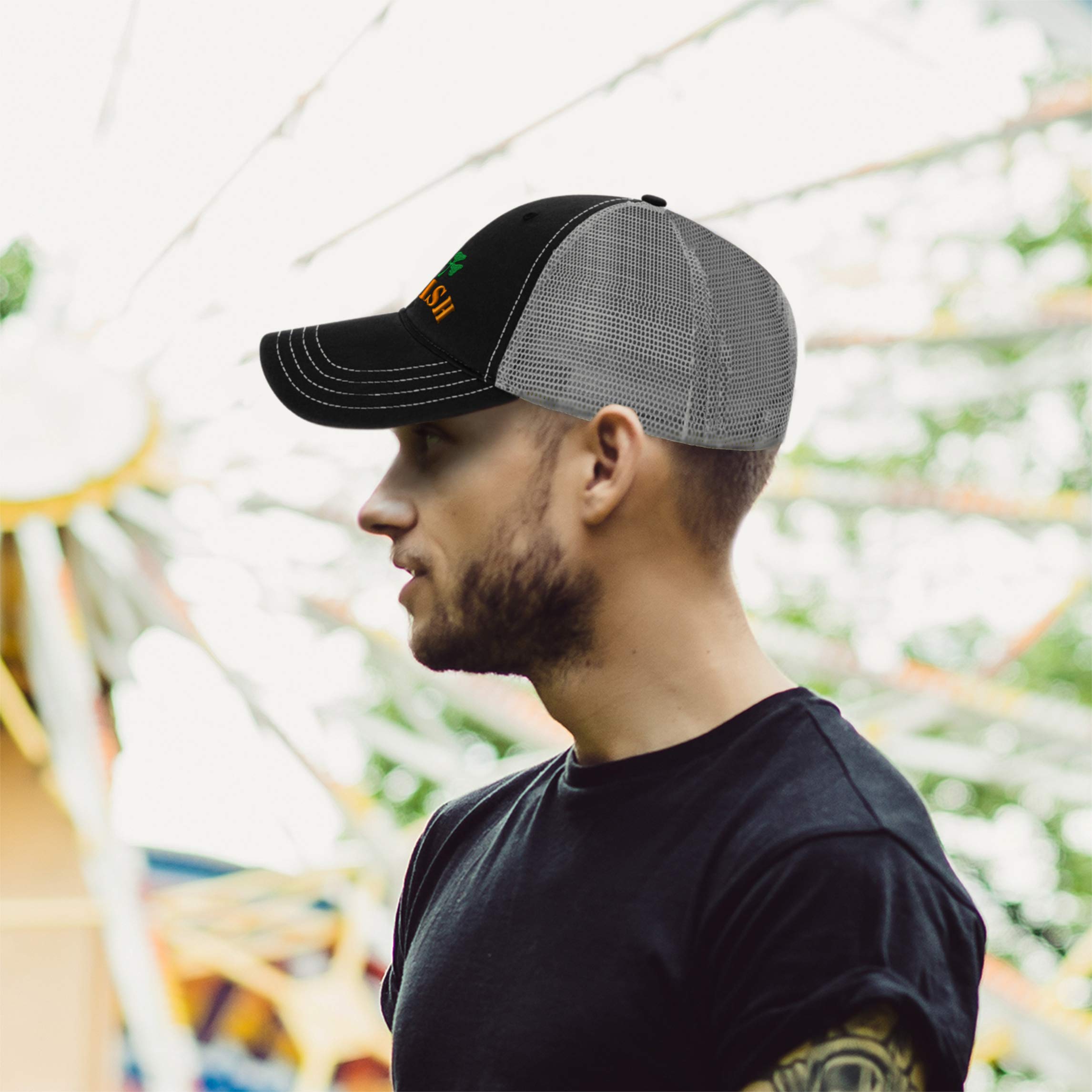 Richardson Trucker Mesh Hat with Irish Flag Embroidery - Breathable Cotton Snapback Cap for Men & Women (Black/Charcoal) - Perfect for St. Patrick's Day, Outdoor Activities & Casual Wear