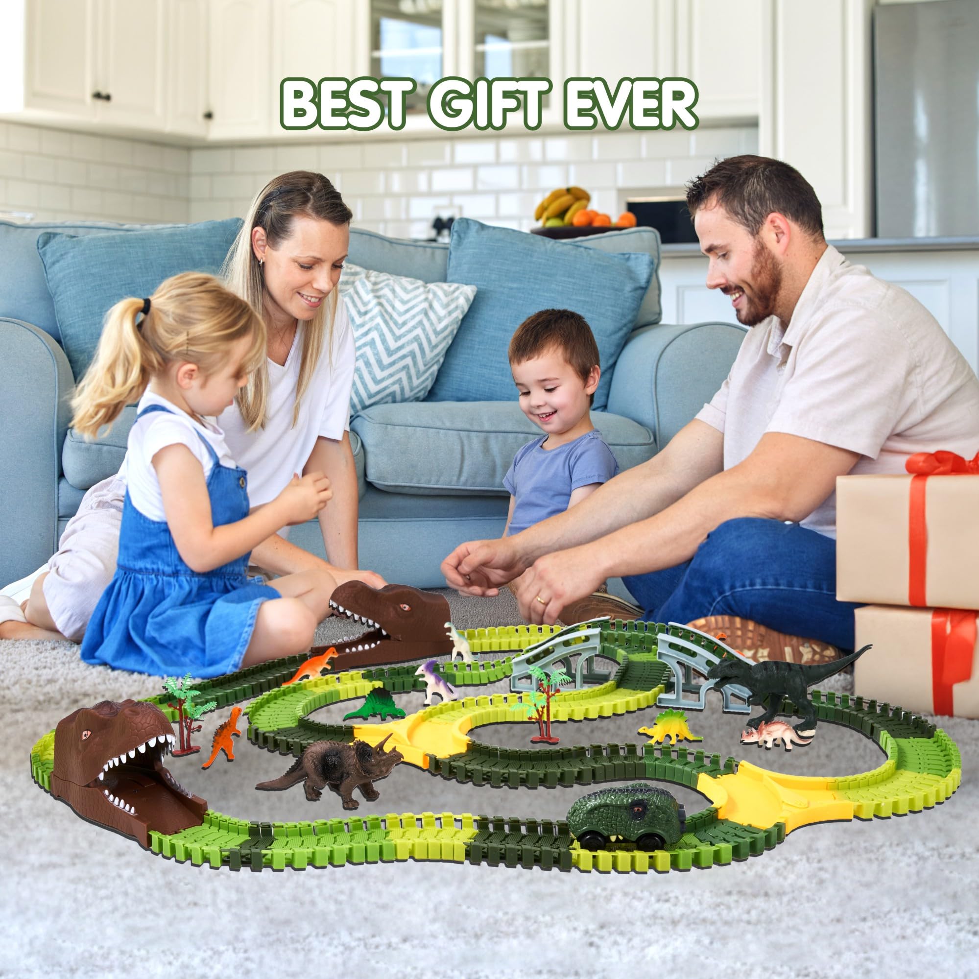 265 PCS Dinosaur Race Track Set with 10 Dinosaur Toys & 1 Dinosaur Car - STEM Learning Toys for Kids Ages 2-7 - Perfect Christmas Birthday Gift for Boys & Girls - Indoor Playroom & Backyard Adventure Fun