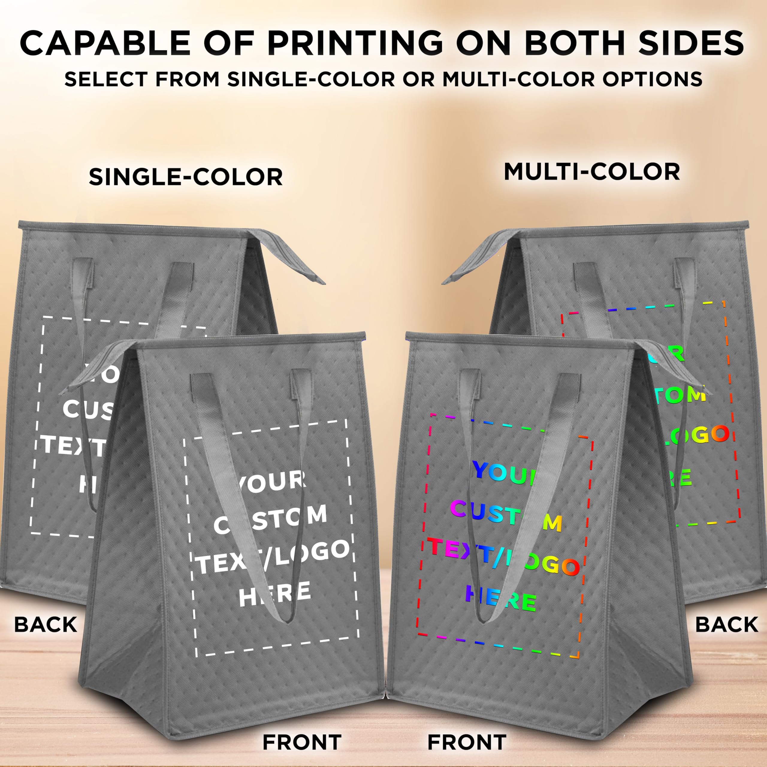 Custom Insulated Lunch Tote Bags with Zipper - Set of 50, Grey, Unisex - Perfect for Office, School & Picnics | Bulk Discount Promos