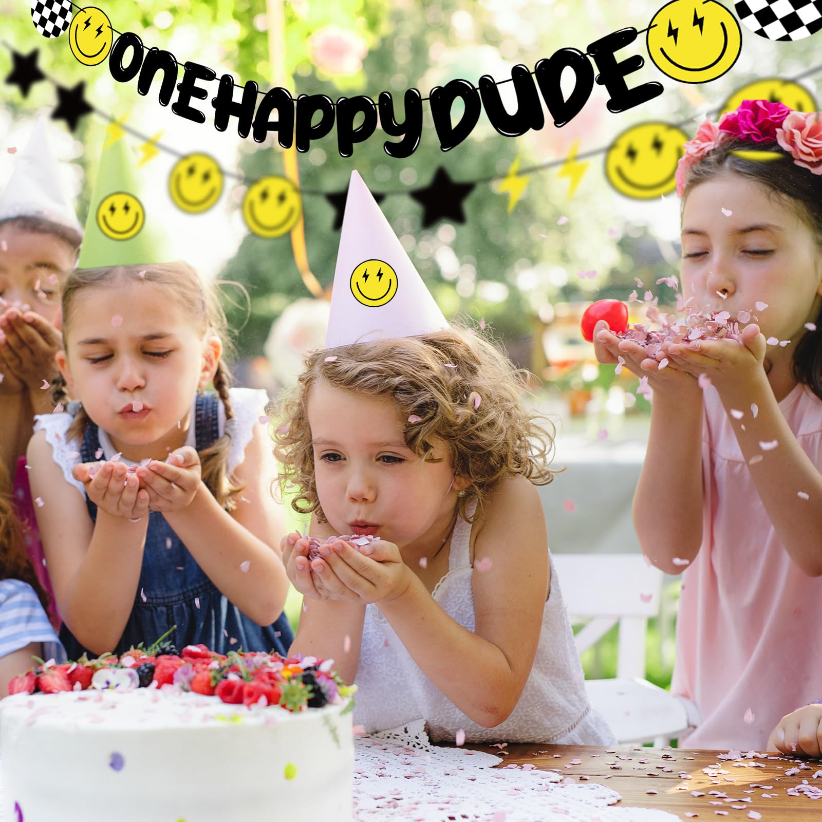 28 Pcs One Happy Dude Birthday Party Decorations Set - 1st Birthday Banner, Smiley Face Hippie Theme for Baby Boy's First Birthday Party Decoration | Perfect for Indoor & Outdoor Celebrations