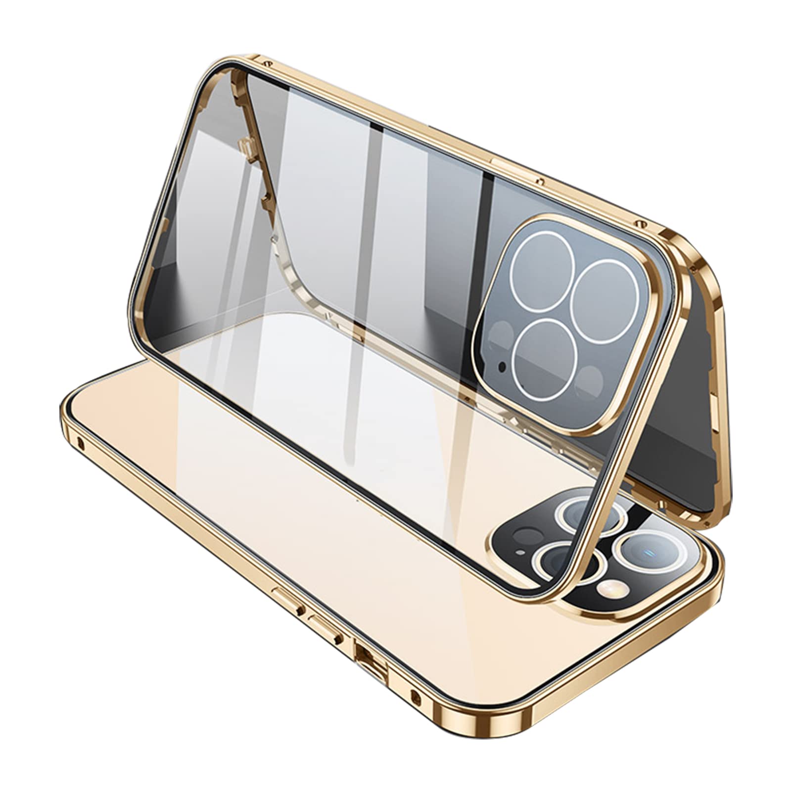 AWJK iPhone 13 Pro/13 Pro Max Case with Built-in Screen Protector | Full Body Tempered Glass Protection & Metal Bumper | Gold | Shockproof Drop Protection for Everyday Use & Outdoor Activities