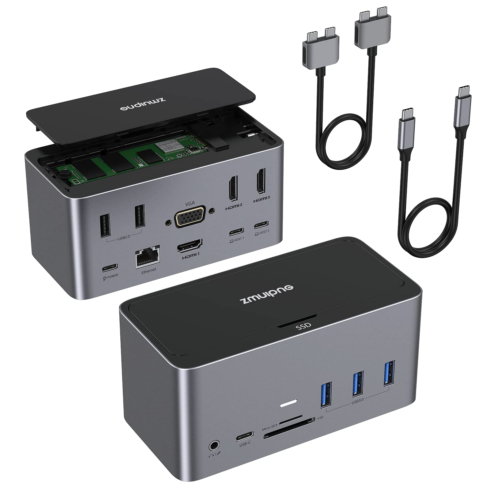 USB C Docking Station Dual Monitor for MacBook Pro/Dell XPS/HP/Surface Go - 14-in-1 USB C Hub with 3 HDMI Ports, 5 USB Ports, VGA, 100W PD, SD/TF Card Reader & SSD Enclosure - Perfect for Home Office, Remote Work & Multi-Screen Setup