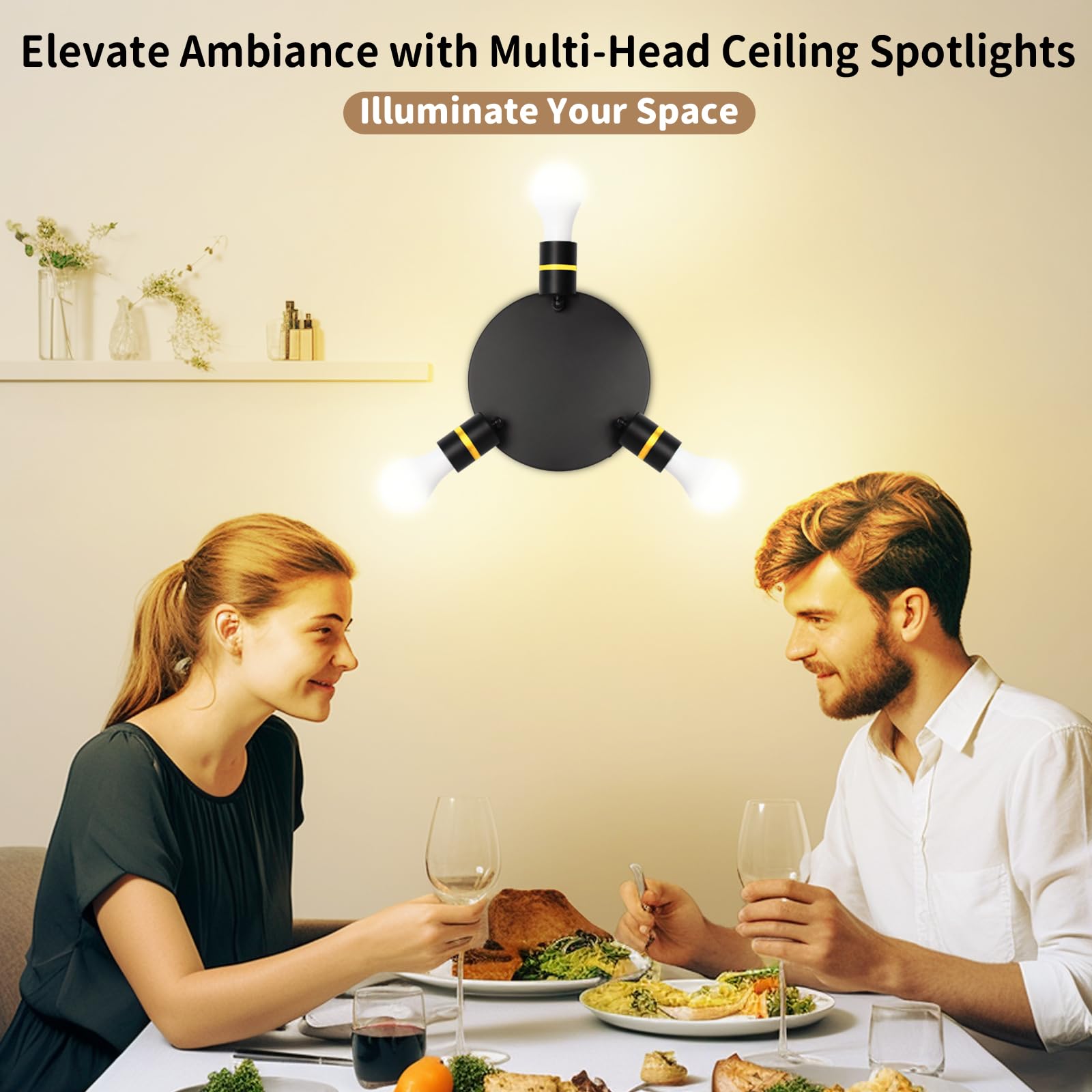 3-Lights Adjustable Track Lighting Fixture, Black Flush Mount Ceiling Light with Rotatable Spotlights for Kitchen, Living Room, Hallway - E26 Base (Bulbs Not Included) | Modern Home & Office Lighting Solution