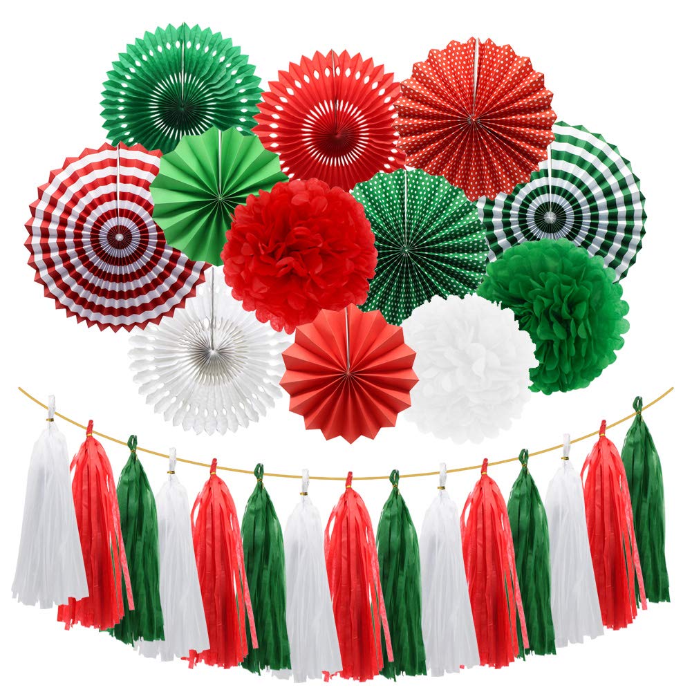 Colorful Hanging Paper Fans & Pom Poms Garland - Red Green White Tissue Tassel Decor for Graduation, Christmas, St. Patrick's Day Party | Perfect for Home, Classroom, and Event Decorations