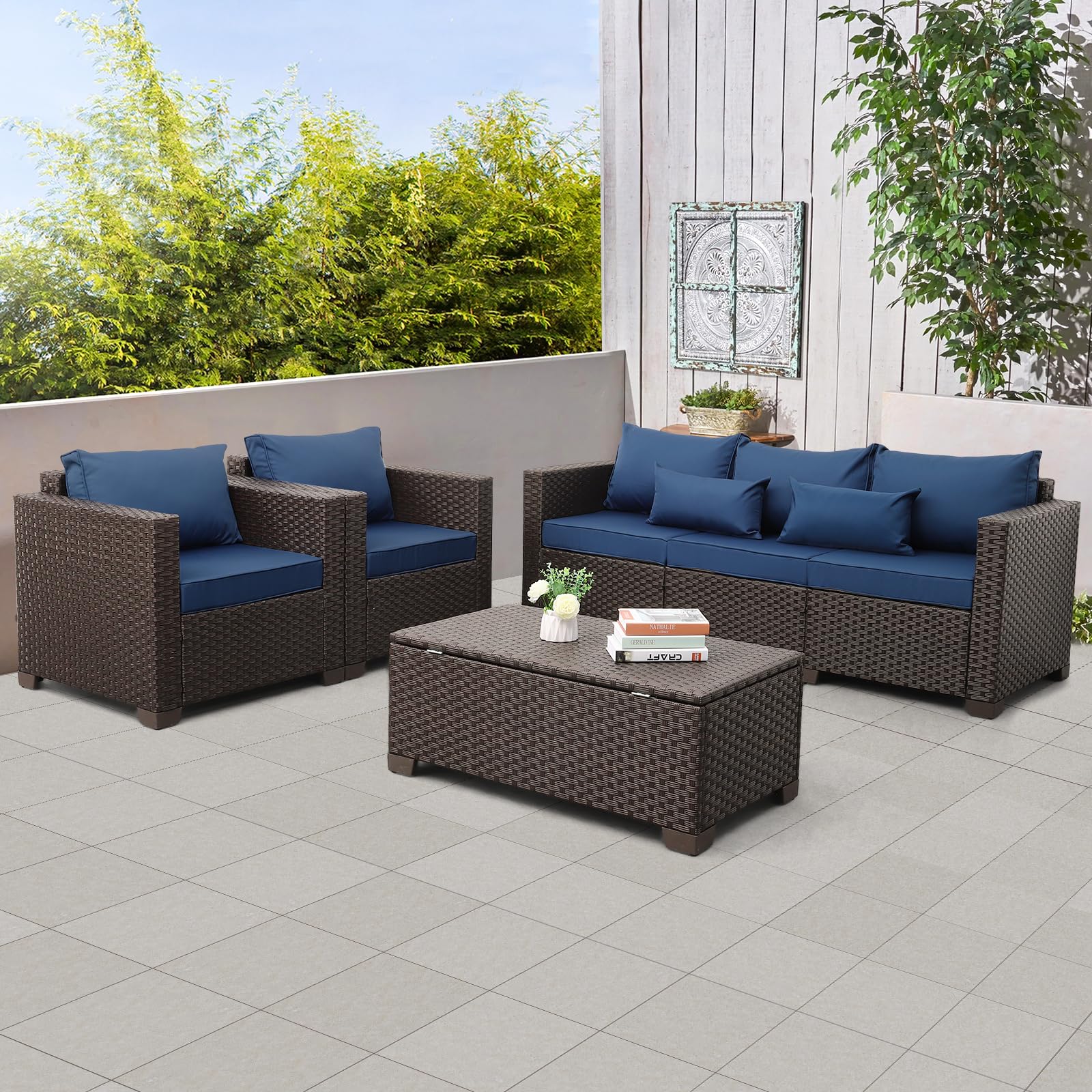 4-Piece Patio Furniture Set with Outdoor Couch, 2 Chairs & Storage Table - Waterproof Navy Blue Cushions & No-Slip Covers - Perfect for Backyard, Garden, Poolside Relaxation
