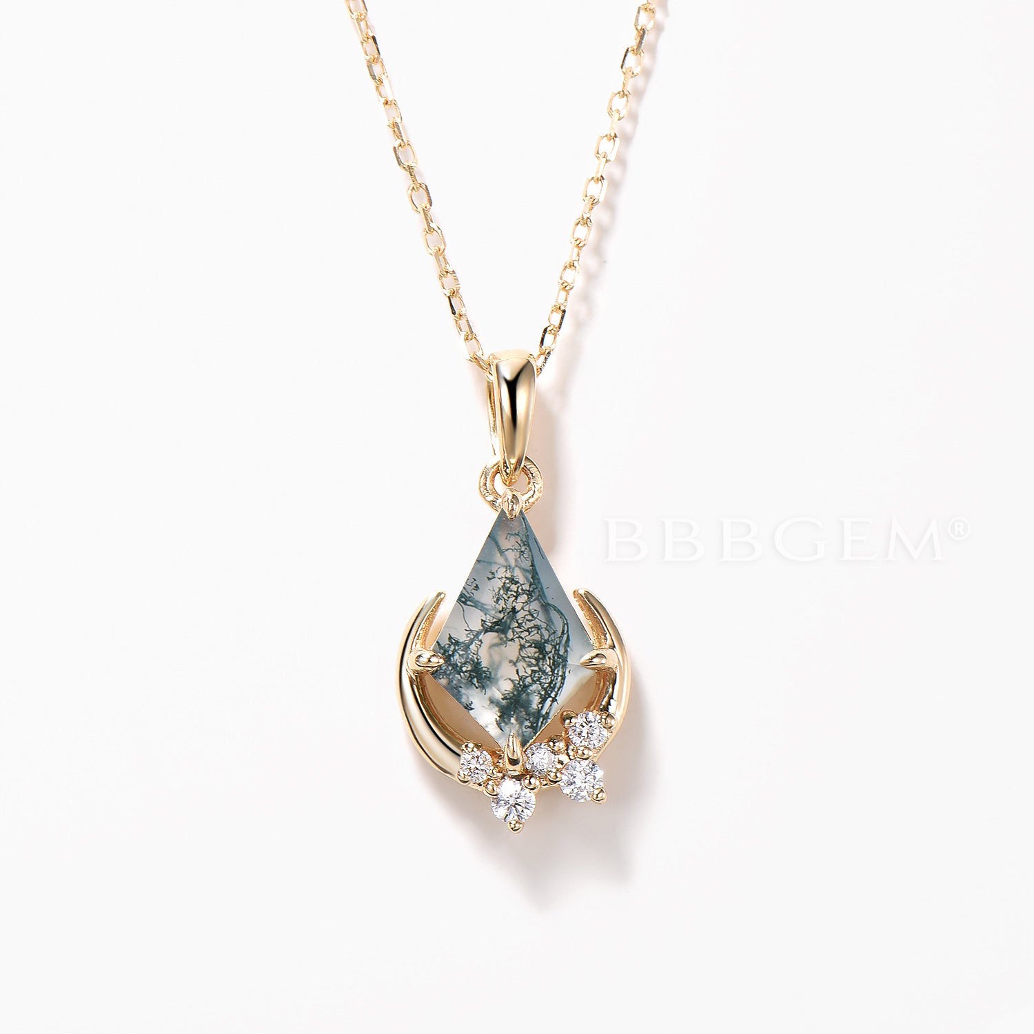 Natural Moss Agate Necklace with Diamond Cluster Moon Pendant in 14K Yellow Gold | Elegant Boho Jewelry for Women | Perfect for Weddings, Date Nights & Gift Giving